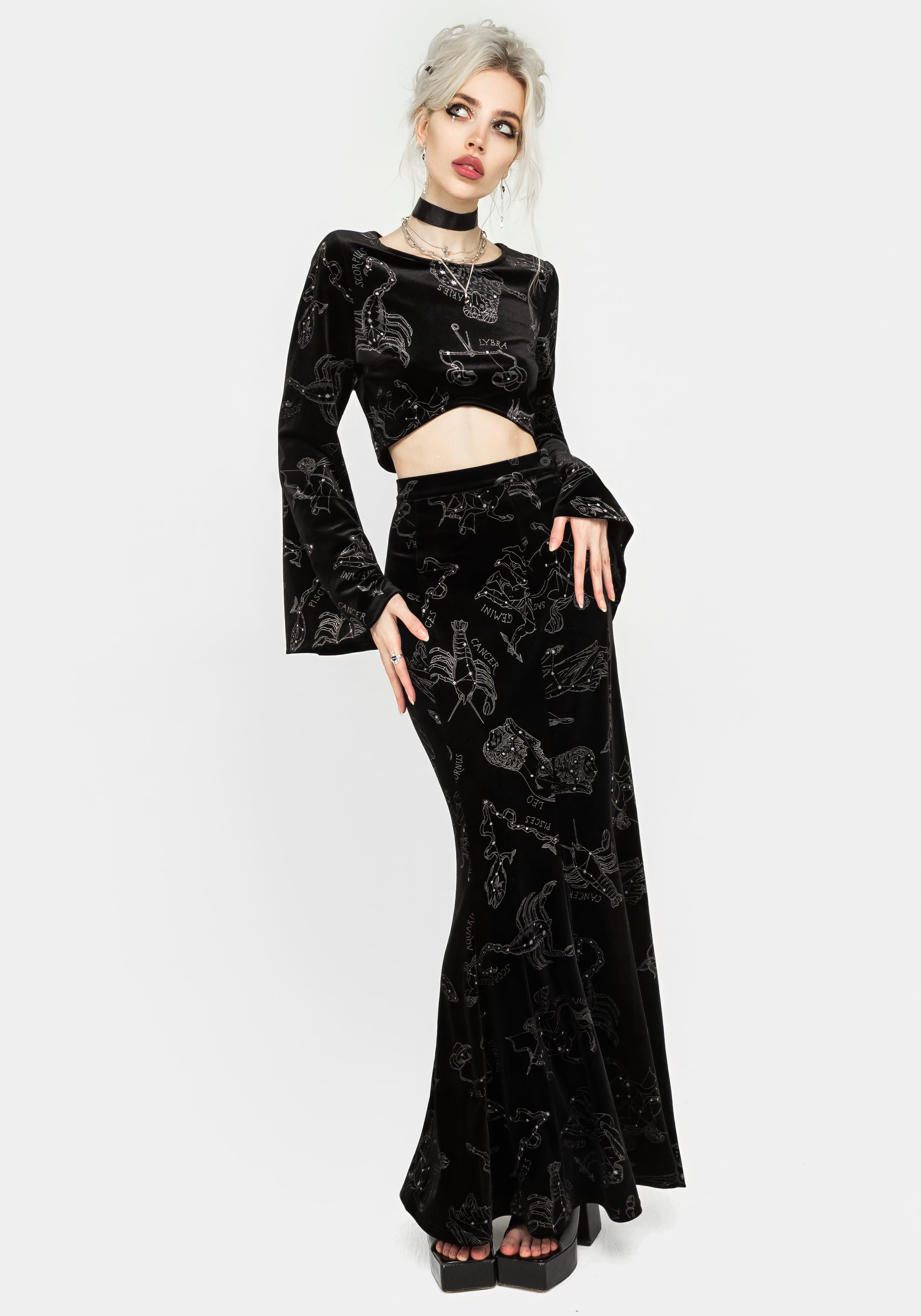 Black Velour Mermaid Maxi Skirt with Zodiac Foil Print | Celestial Fashion