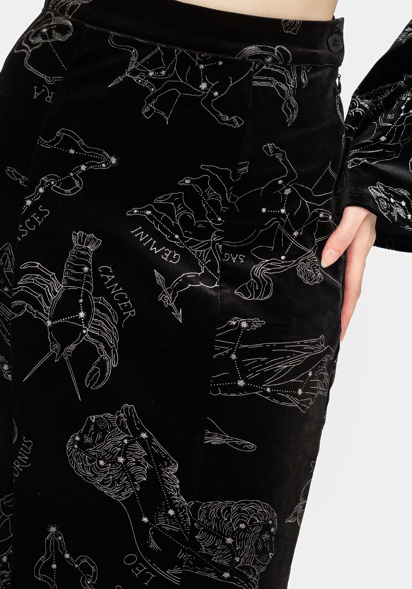 Black Velour Mermaid Maxi Skirt with Zodiac Foil Print | Celestial Fashion
