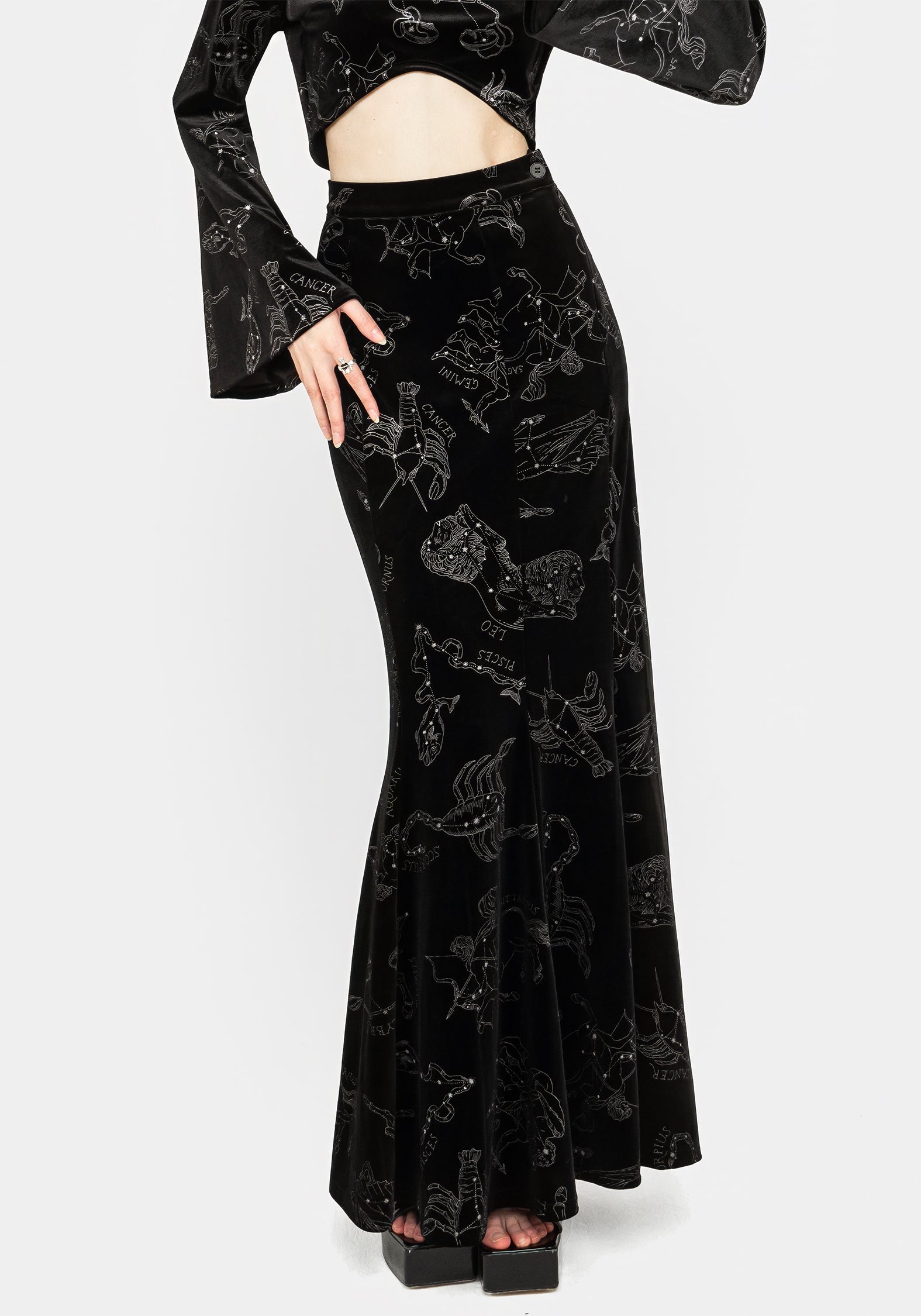 Black Velour Mermaid Maxi Skirt with Zodiac Foil Print | Celestial Fashion
