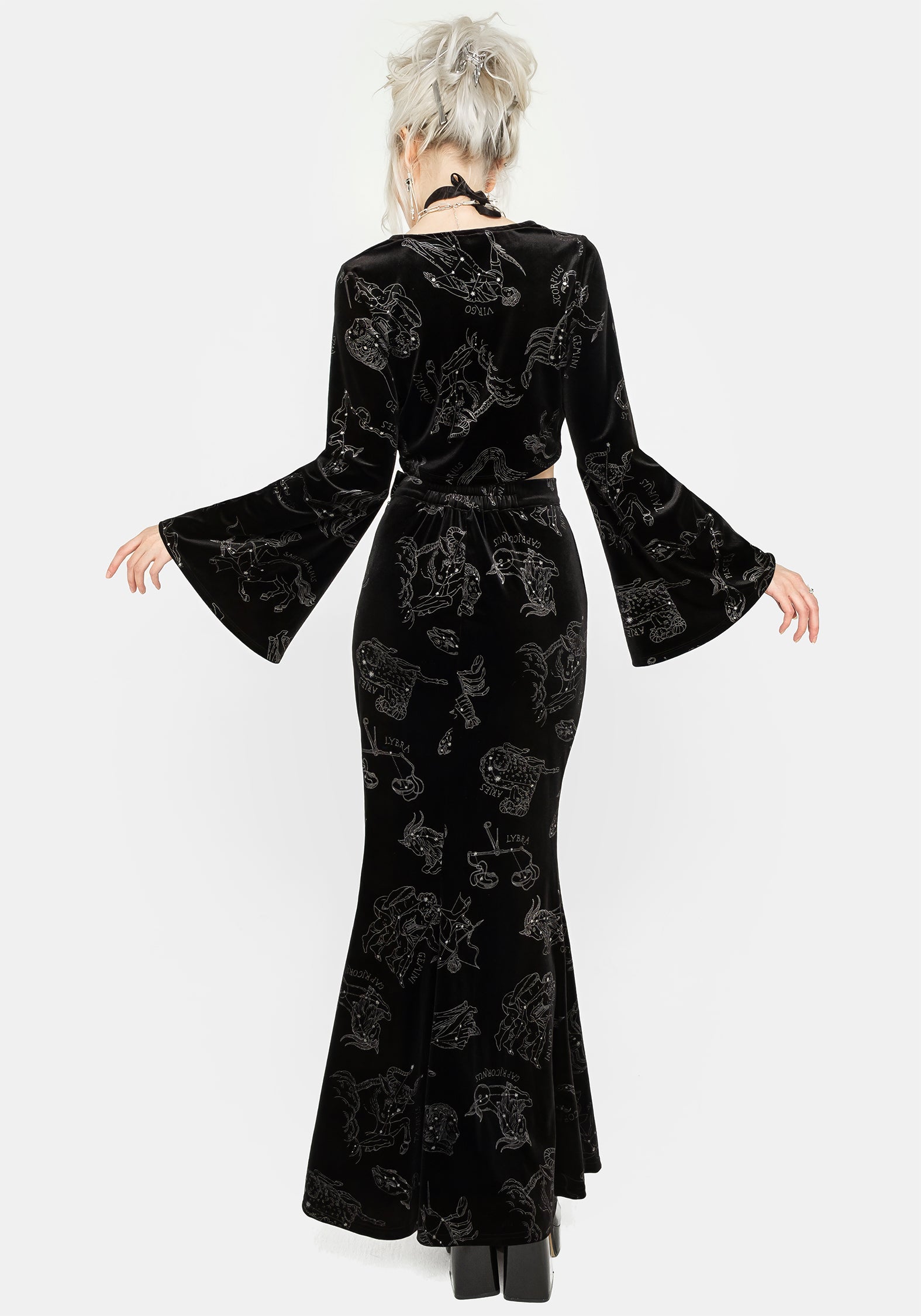 Black Velour Mermaid Maxi Skirt with Zodiac Foil Print | Celestial Fashion