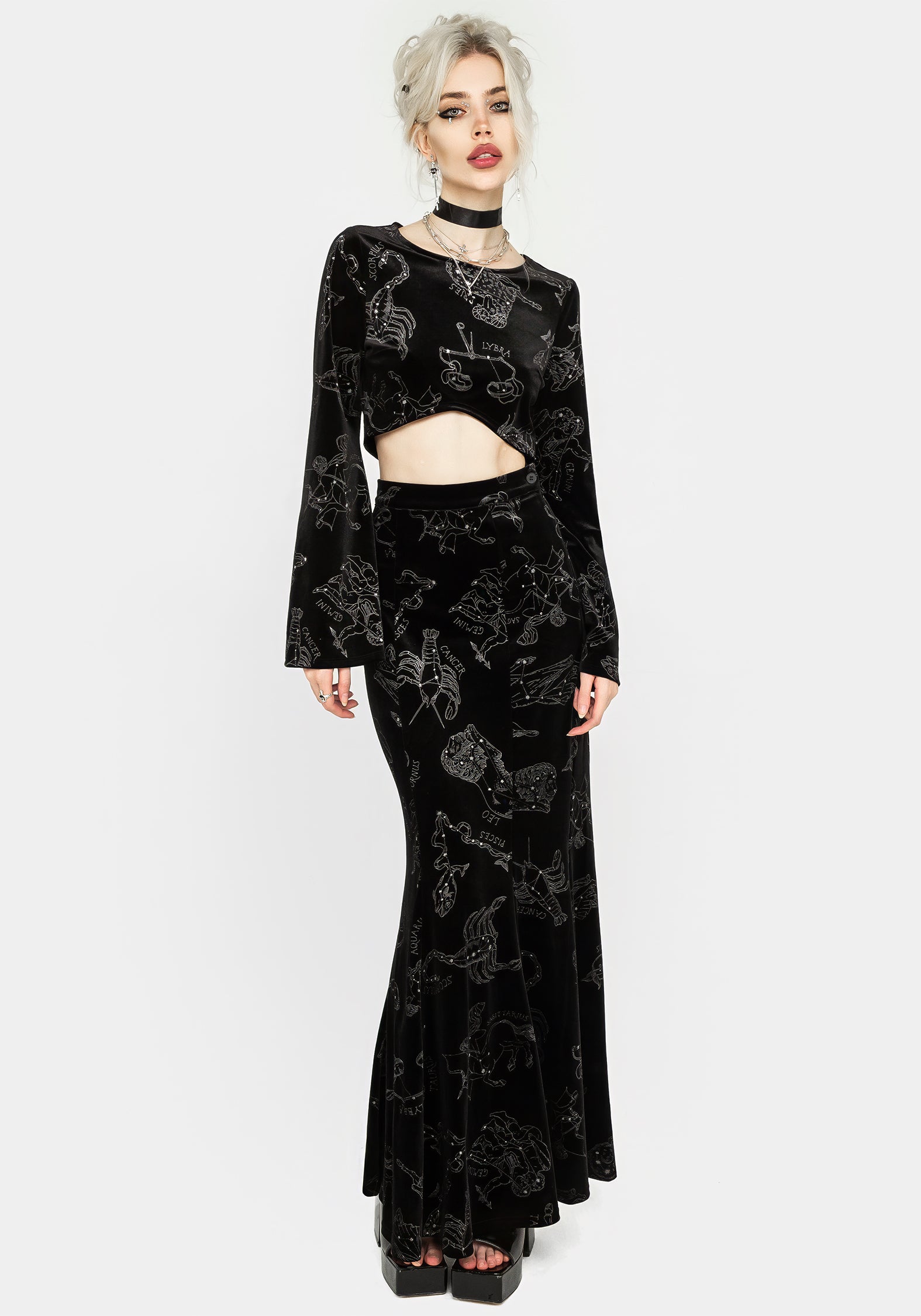 Black Velour Mermaid Maxi Skirt with Zodiac Foil Print | Celestial Fashion
