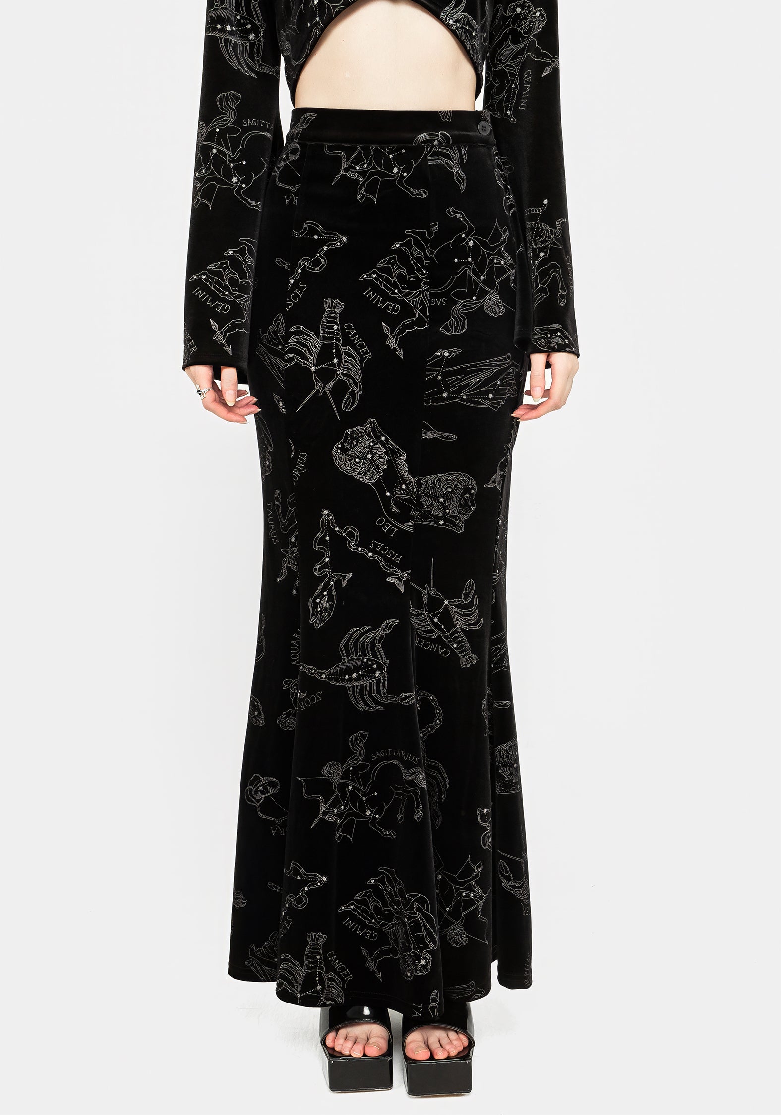 Black Velour Mermaid Maxi Skirt with Zodiac Foil Print | Celestial Fashion