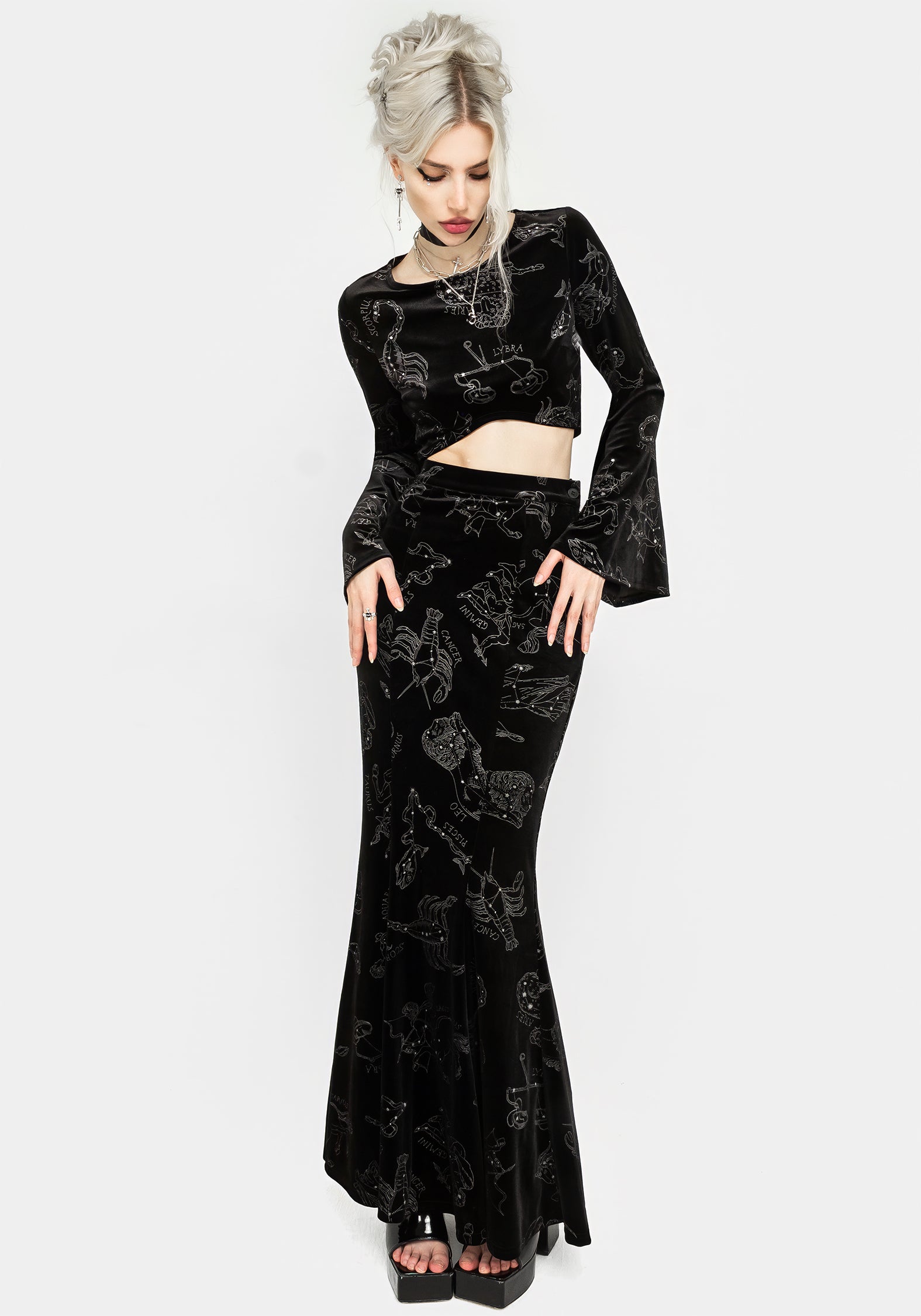 Black Velour Mermaid Maxi Skirt with Zodiac Foil Print | Celestial Fashion