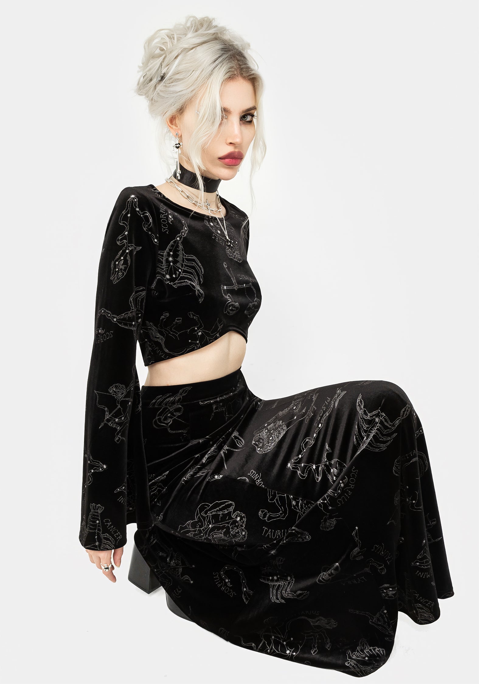 Black Velour Mermaid Maxi Skirt with Zodiac Foil Print | Celestial Fashion