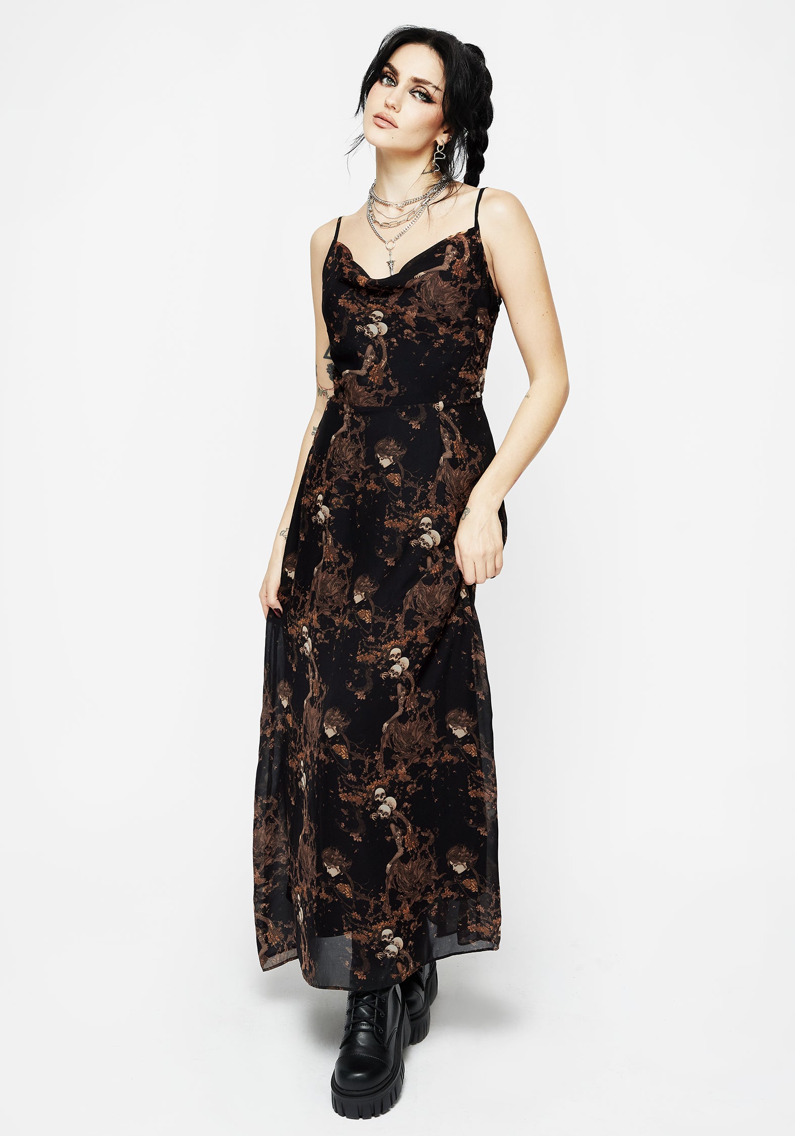 Black & Brown Floral Skull Print Chiffon Maxi Dress | Underworld