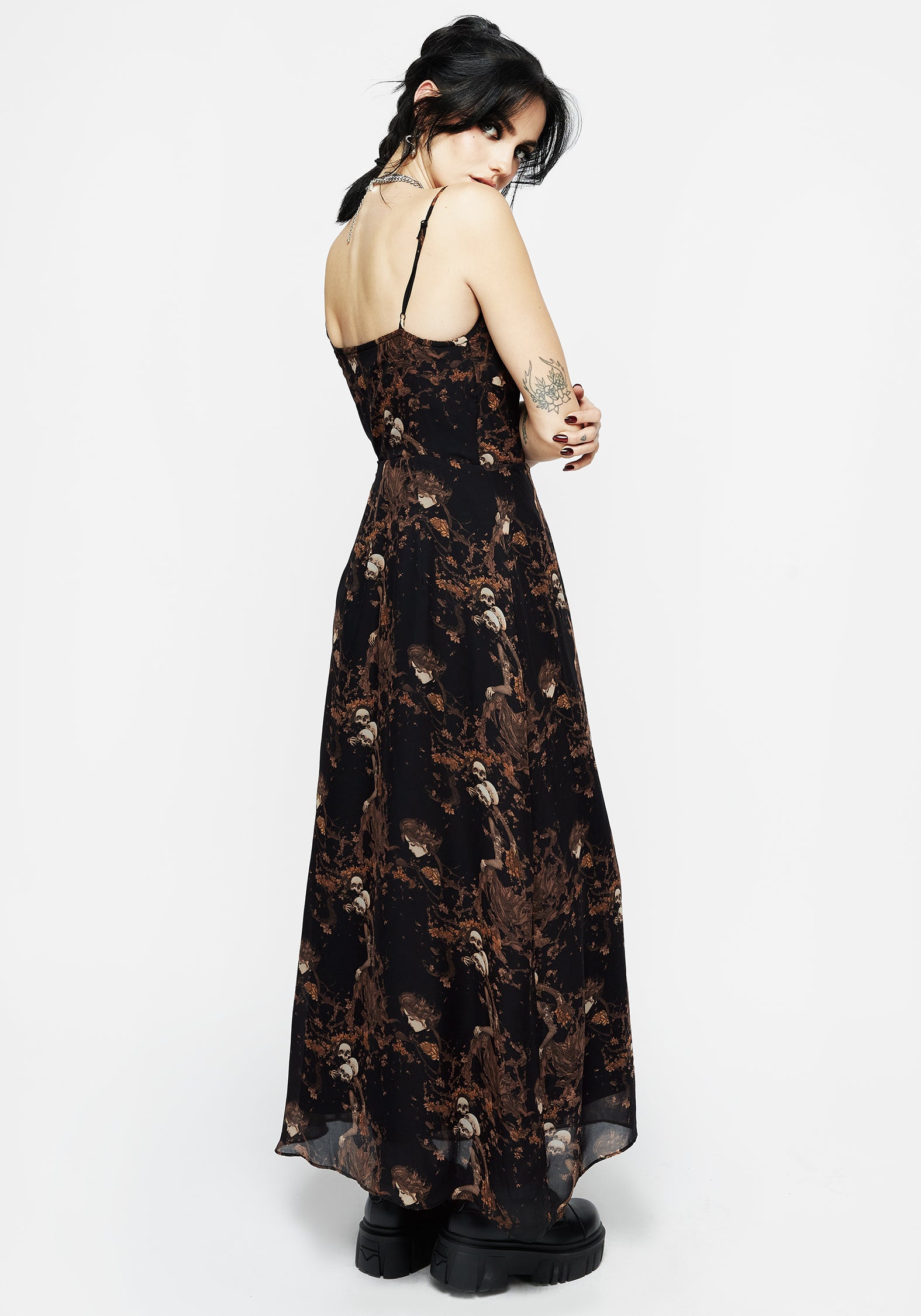 Black & Brown Floral Skull Print Chiffon Maxi Dress | Underworld