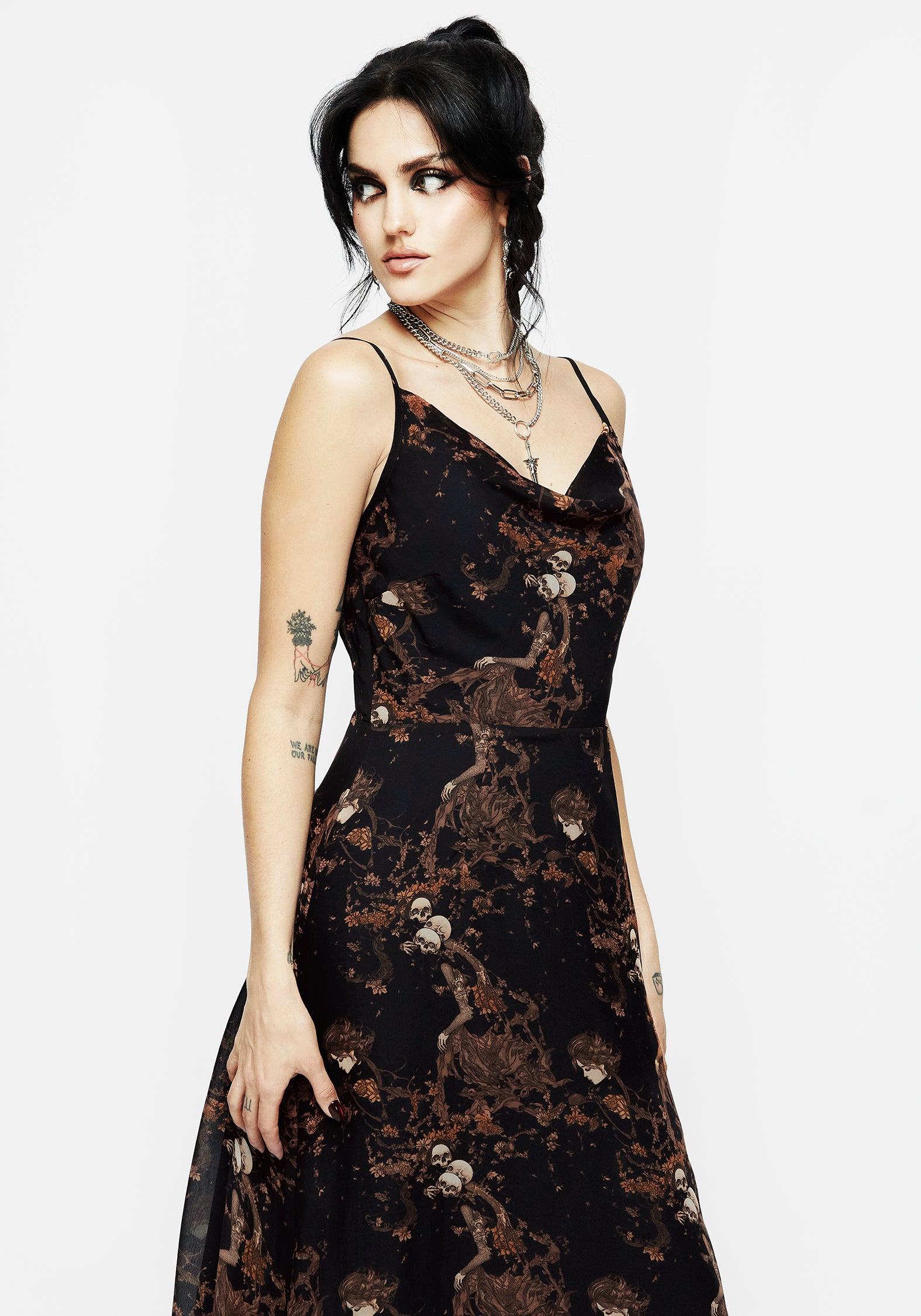 Black & Brown Floral Skull Print Chiffon Maxi Dress | Underworld