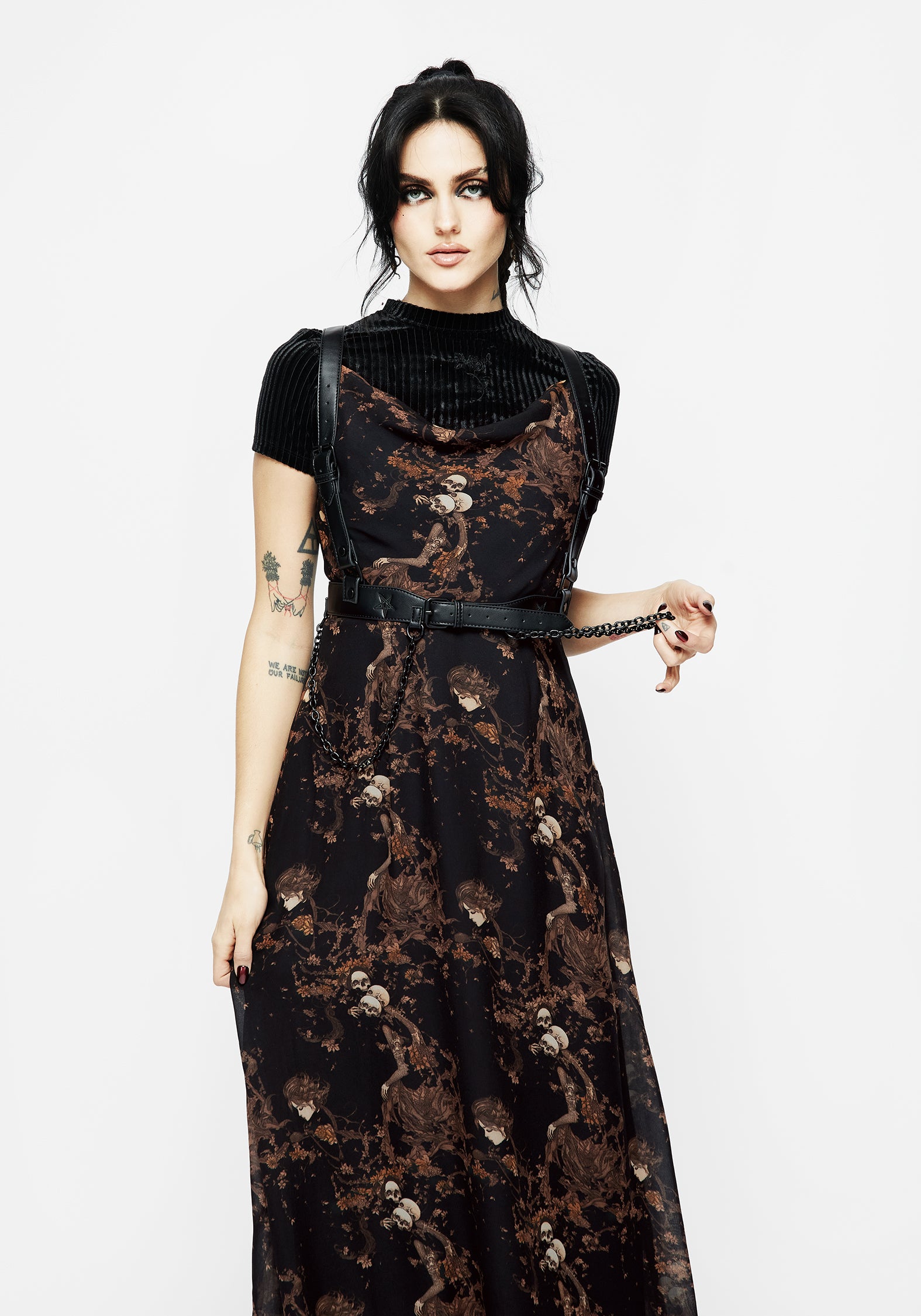 Black & Brown Floral Skull Print Chiffon Maxi Dress | Underworld