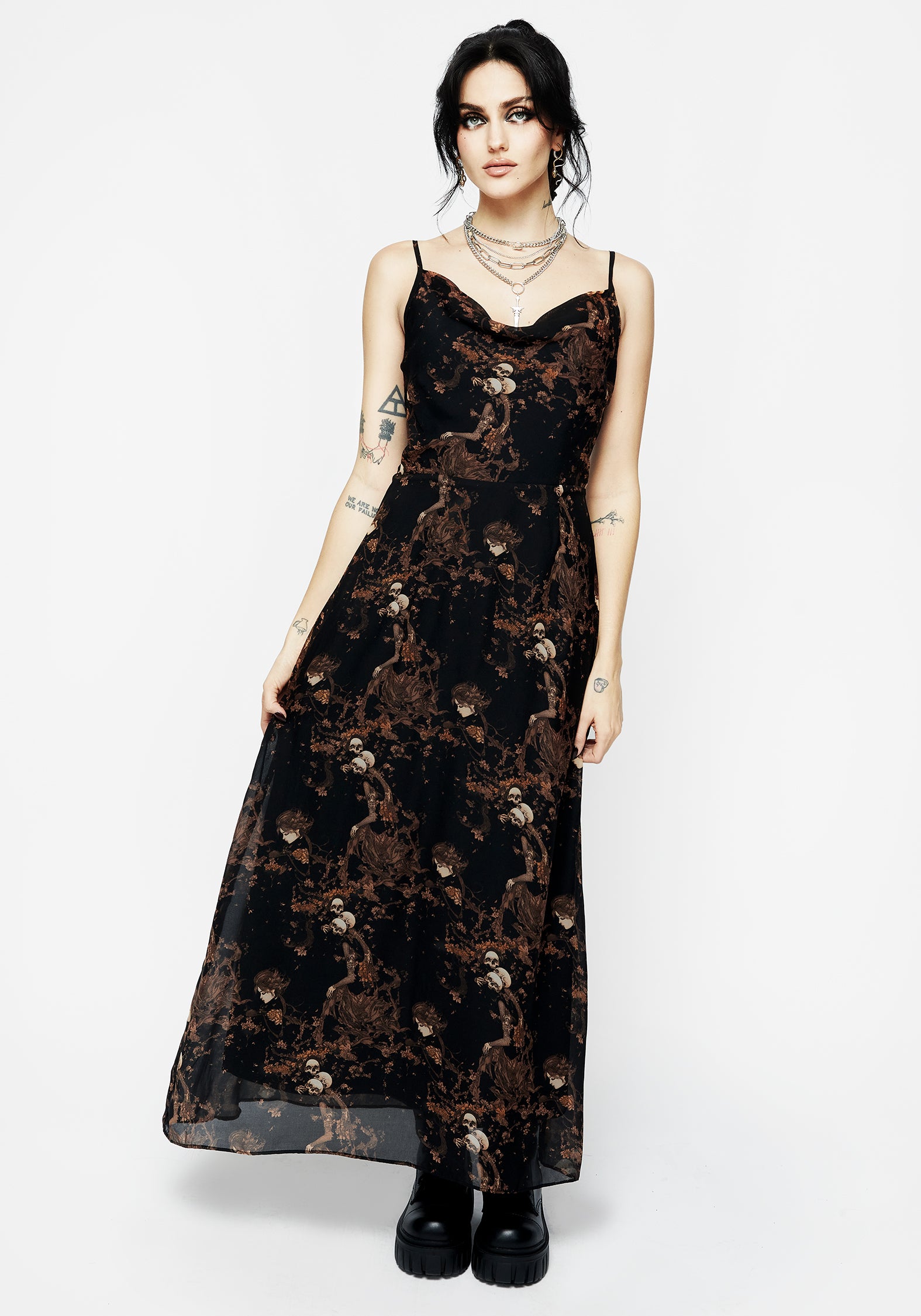Black & Brown Floral Skull Print Chiffon Maxi Dress | Underworld