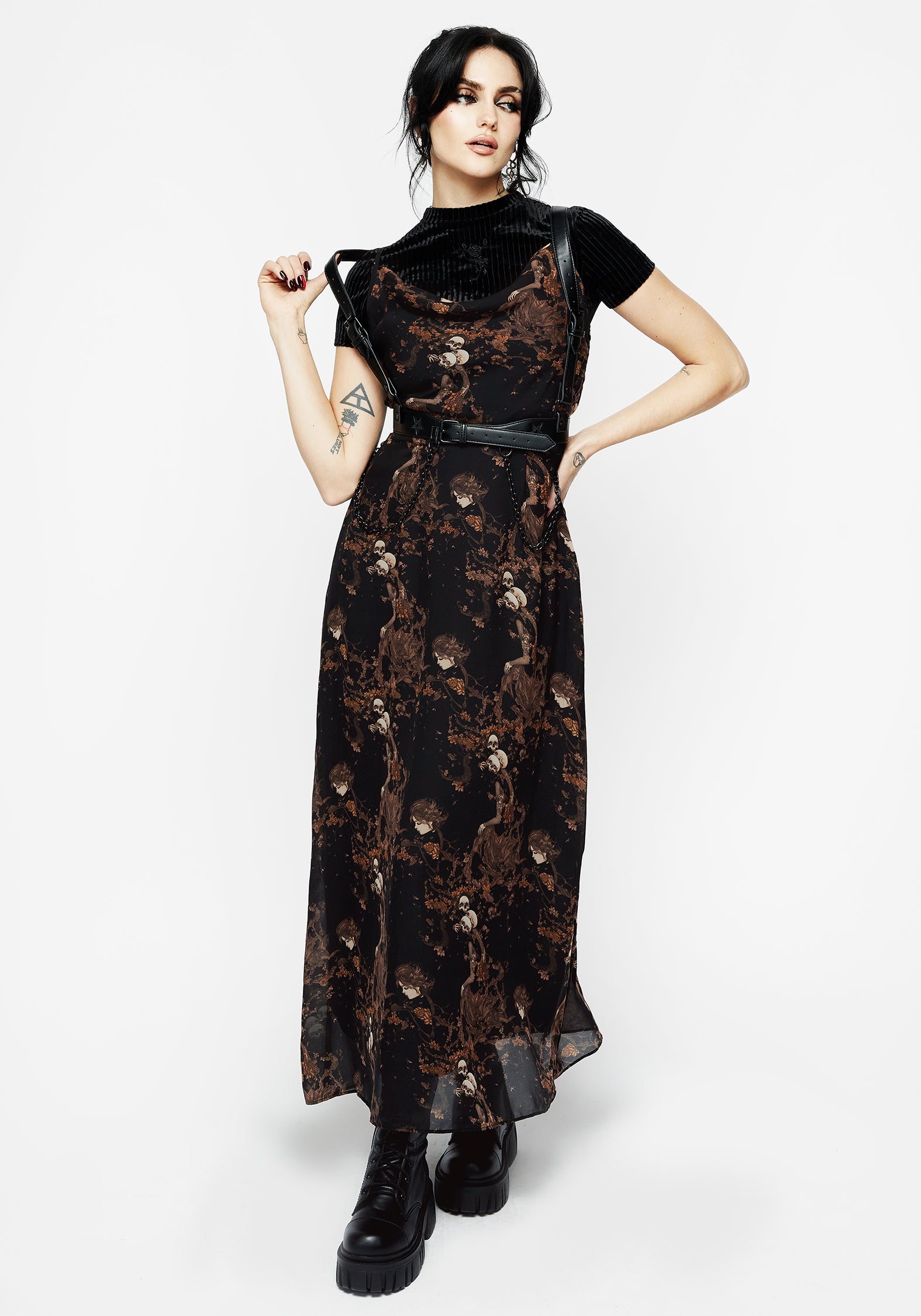 Black & Brown Floral Skull Print Chiffon Maxi Dress | Underworld