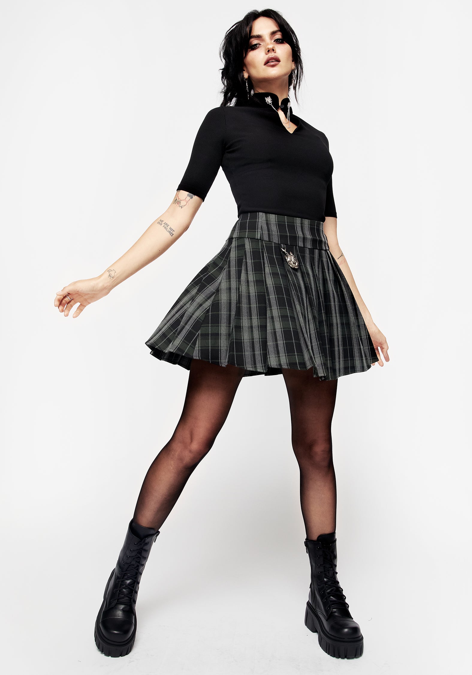 Pleated Check Mini Skirt with Removable Wolf Charm | Fenrir