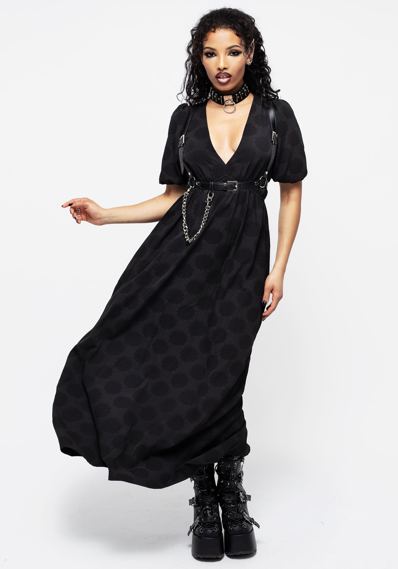 Spiderweb Jacquard Maxi Dress with Bouffant Sleeves | Arachnida