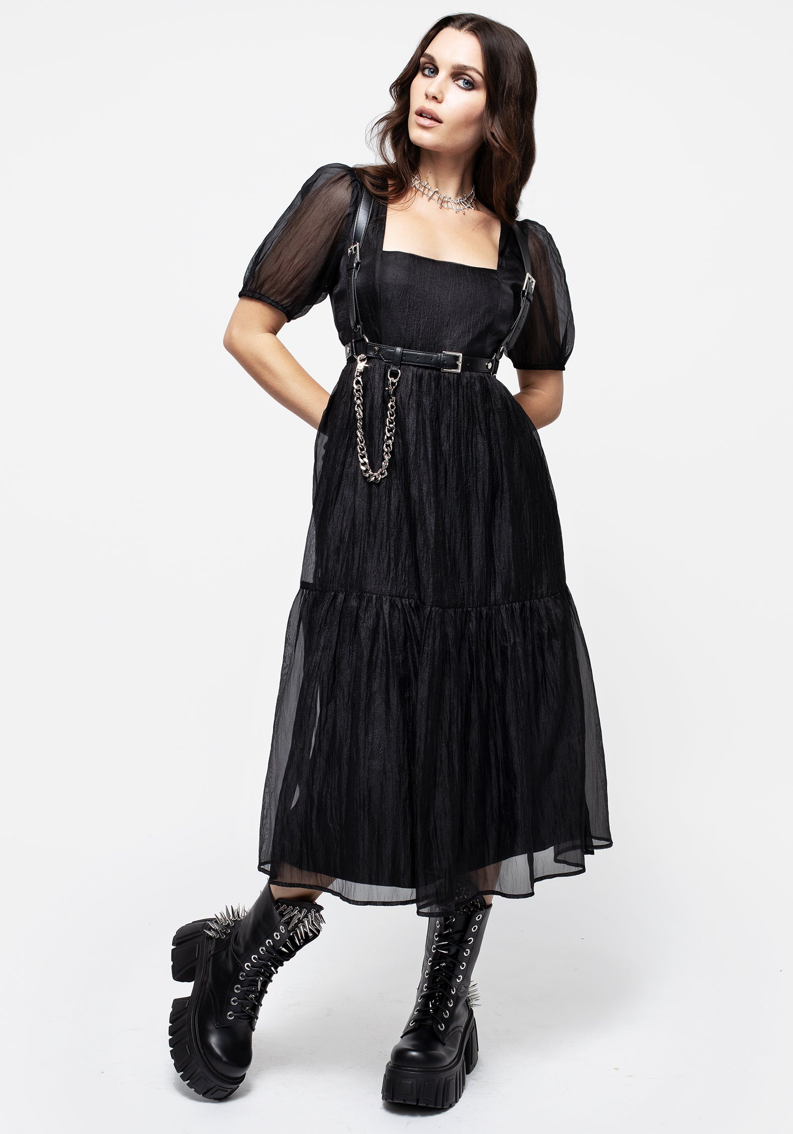 Black Puff Sleeve Tiered Midi Dress with Square Neckline | Flatline