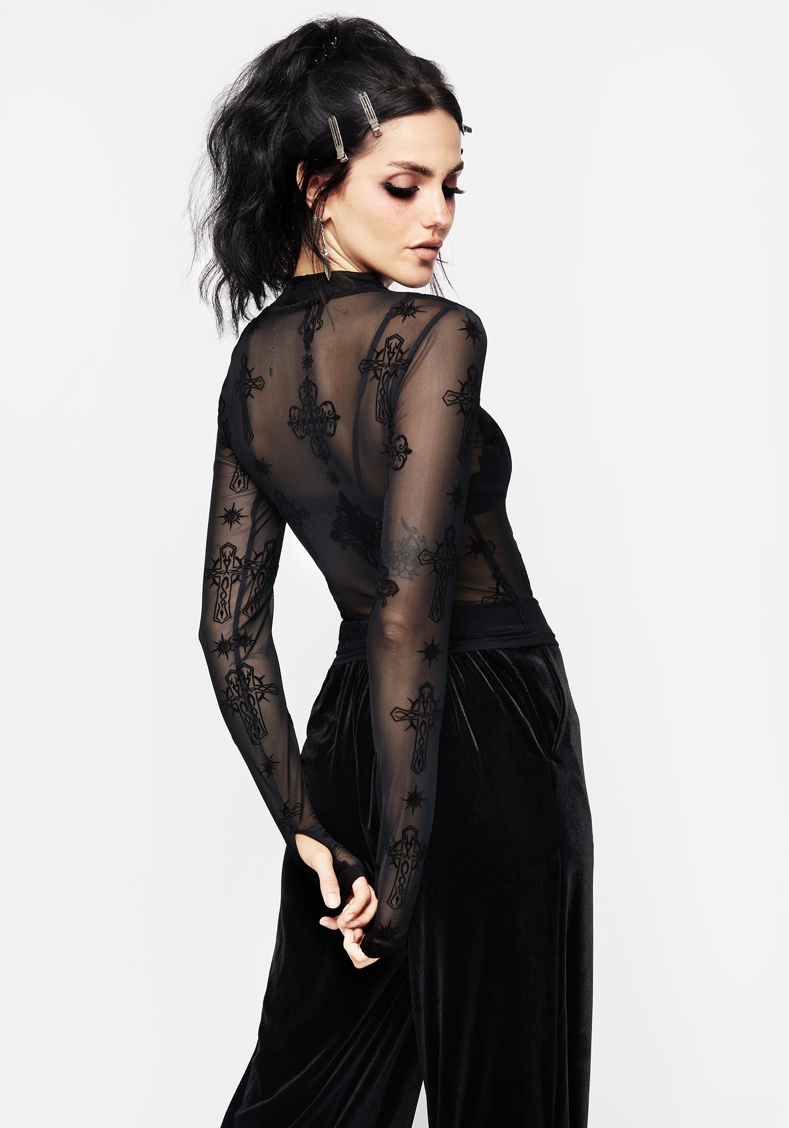 Flocked Mesh Top with Crucifix Design | Priestess Long Sleeve