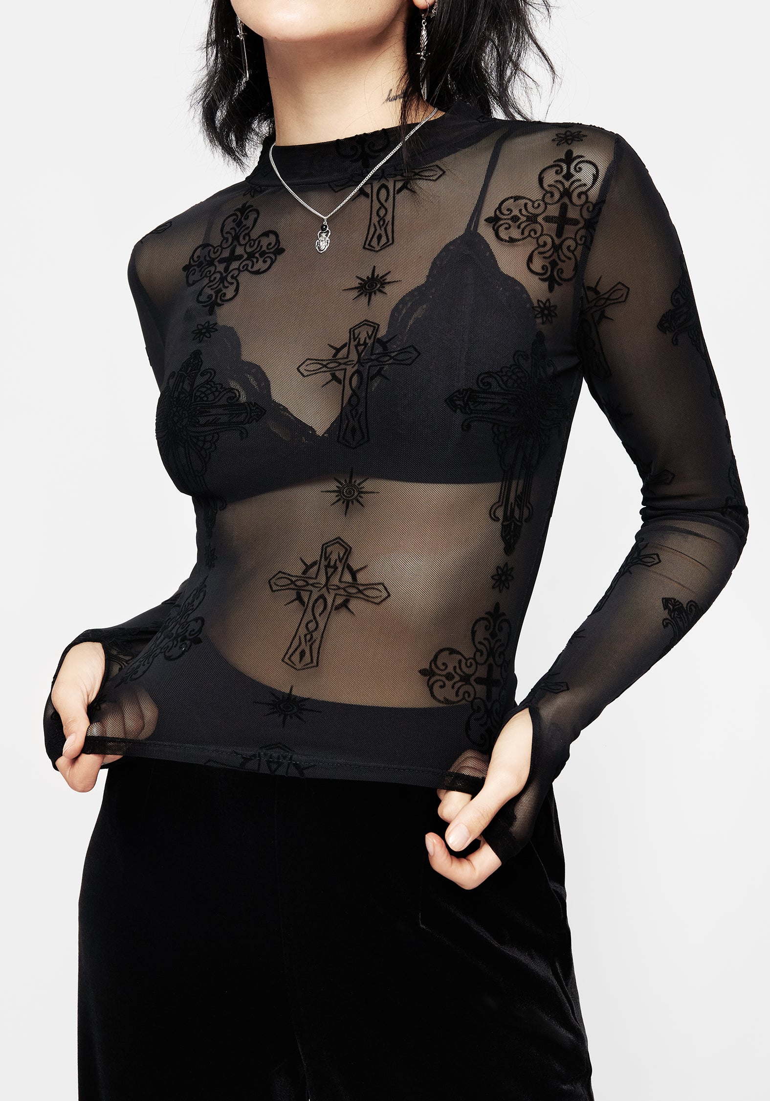 Flocked Mesh Top with Crucifix Design | Priestess Long Sleeve