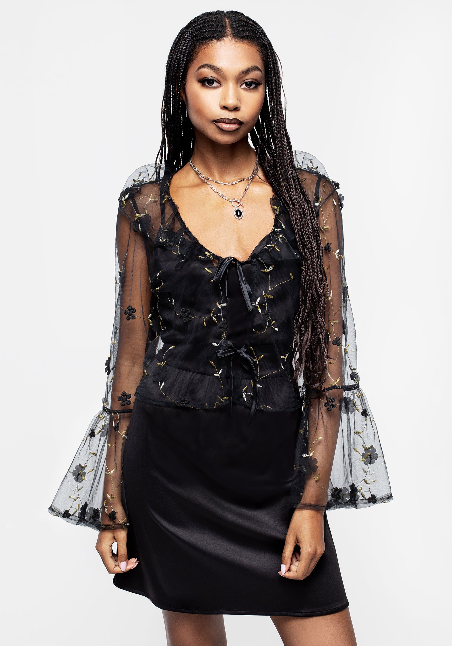 Floral Embroidered Tulle Blouse with Frill Collar | Chrysanthi