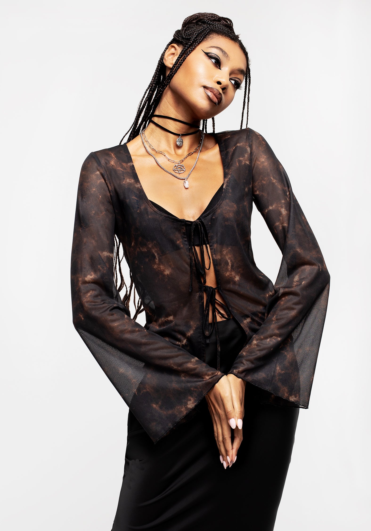 Tie-Dye Mesh Top with Scoop Neck & Long Sleeves | Korrigan
