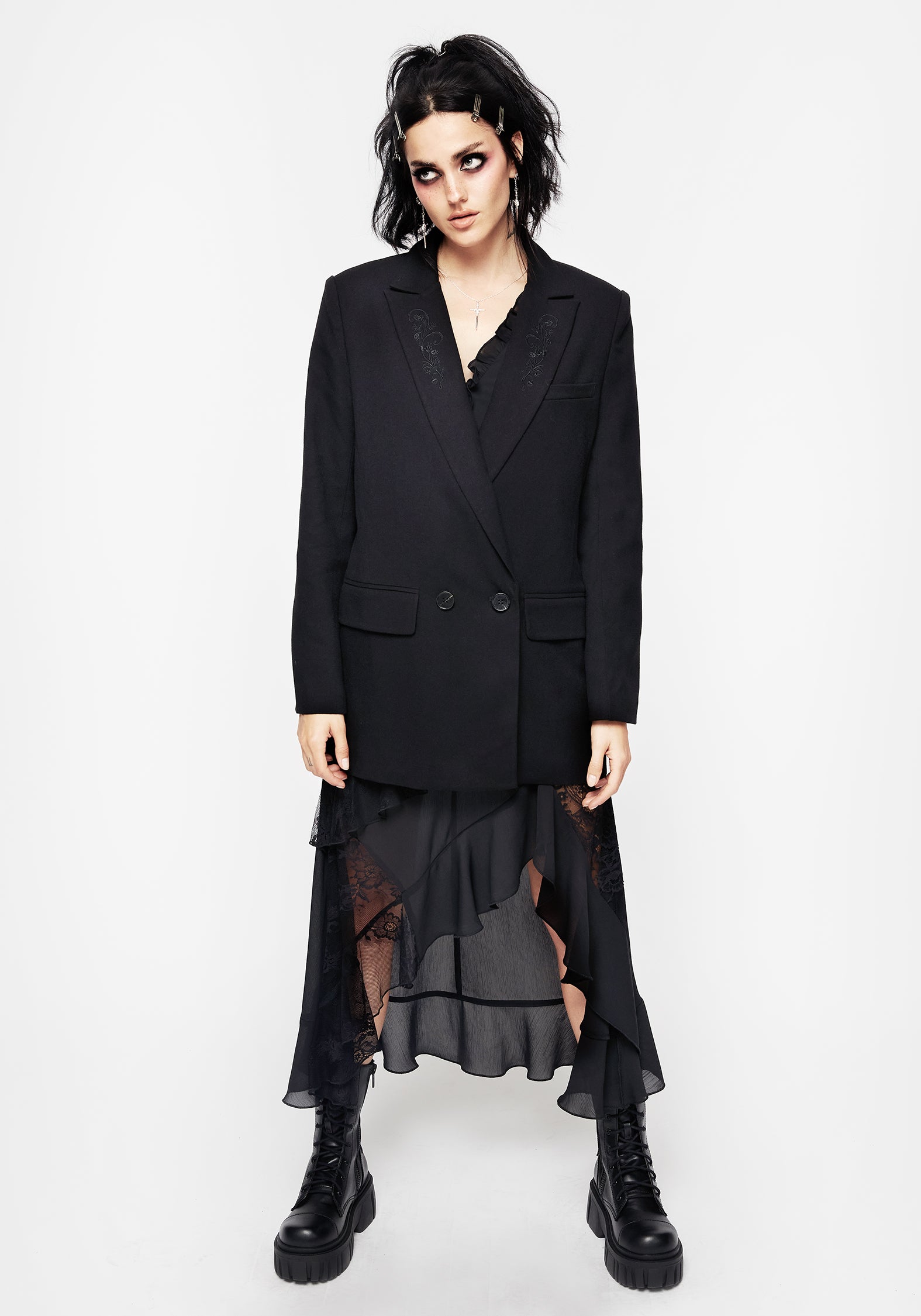 Black Embroidered Oversized Blazer for Women | Poe Tailored Jacket