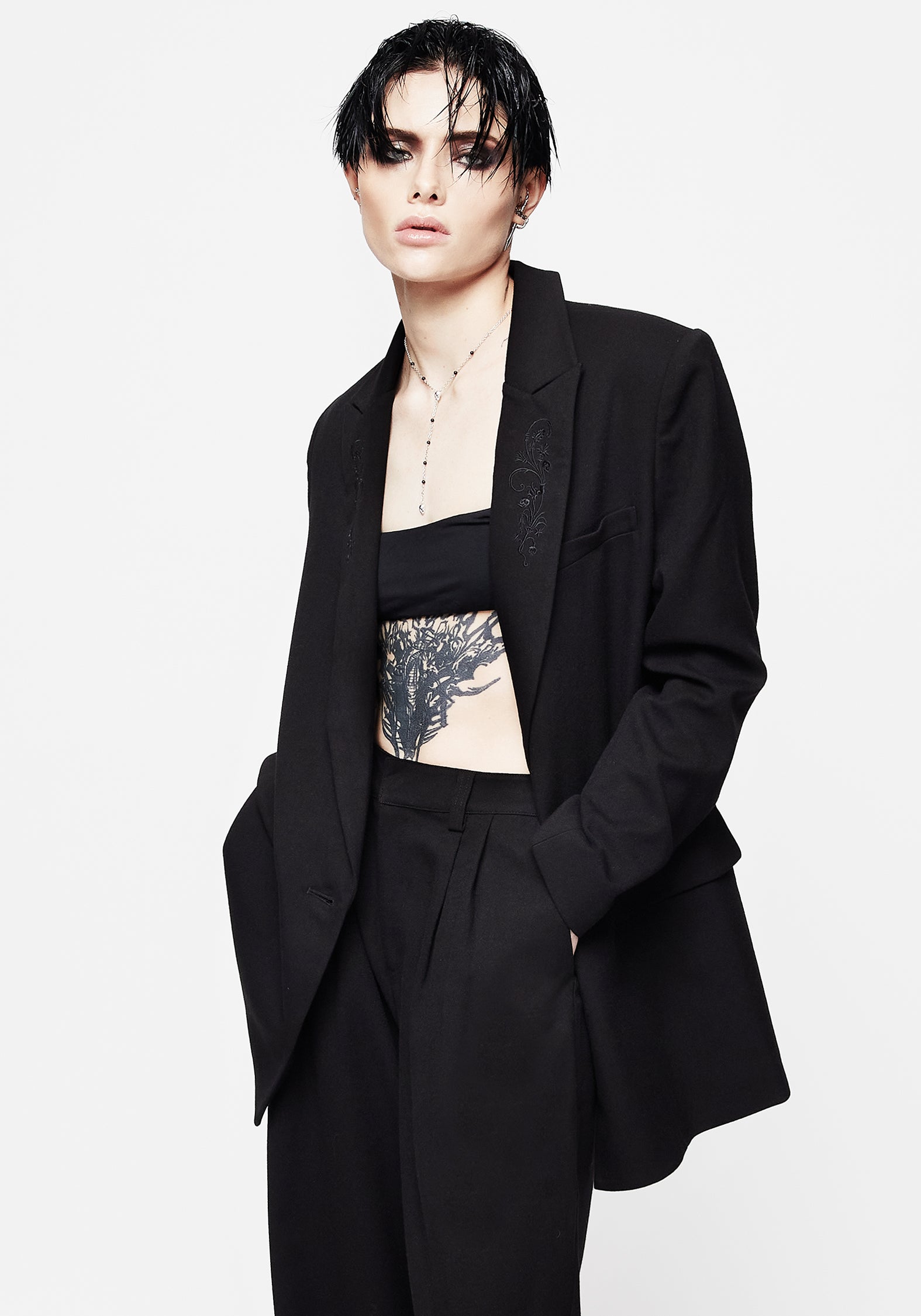 Black Embroidered Oversized Blazer for Women | Poe Tailored Jacket