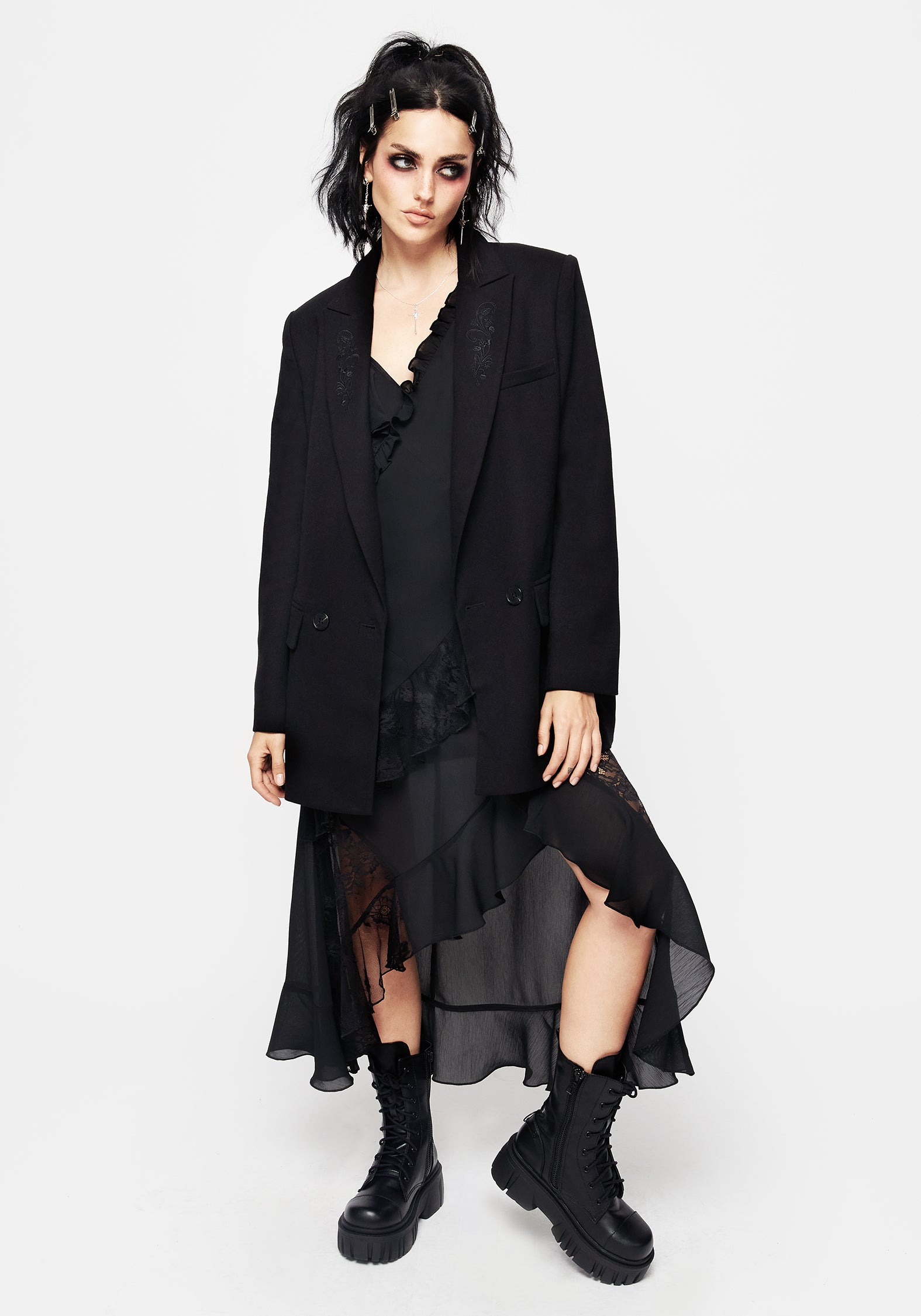 Black Embroidered Oversized Blazer for Women | Poe Tailored Jacket