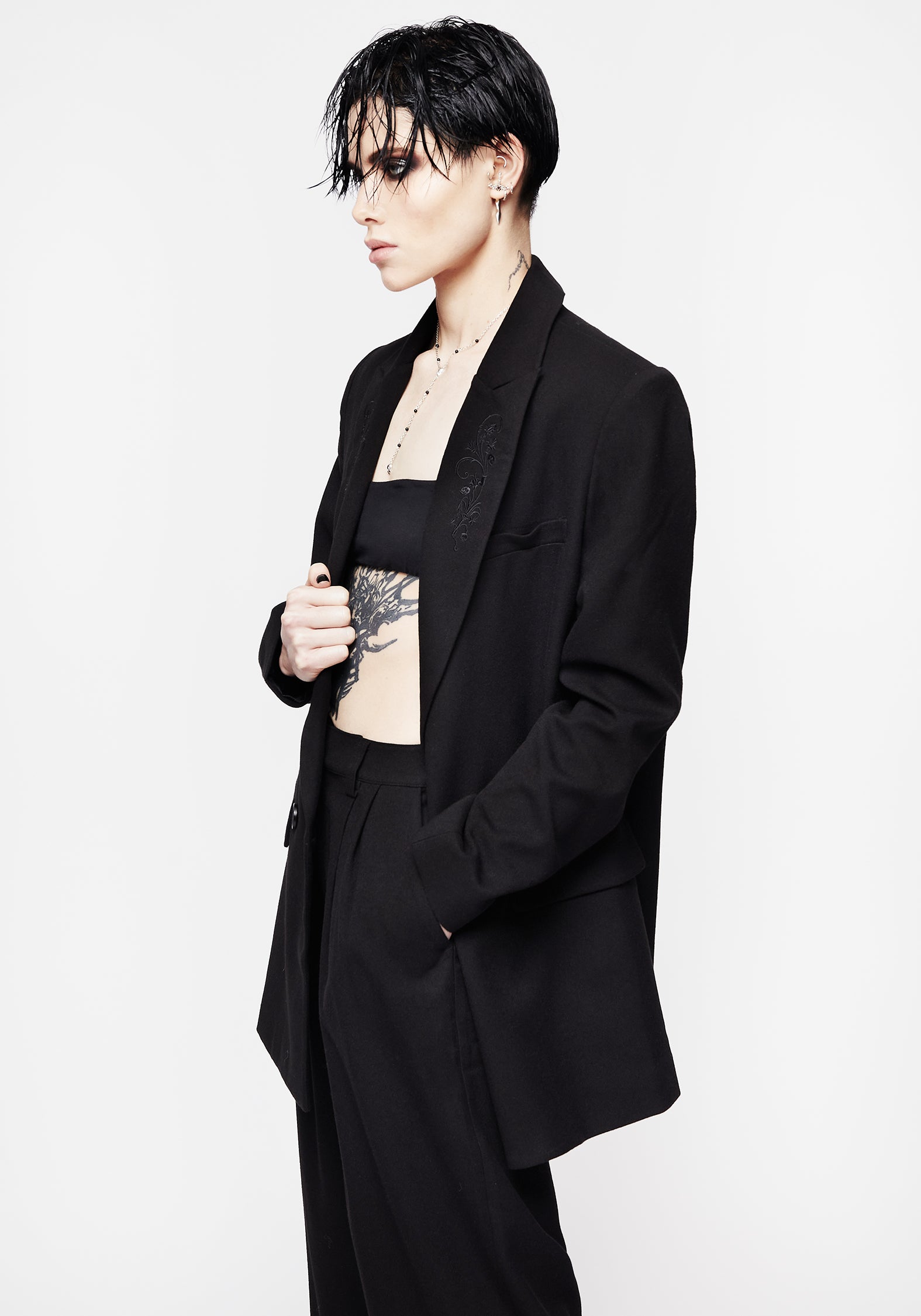 Black Embroidered Oversized Blazer for Women | Poe Tailored Jacket