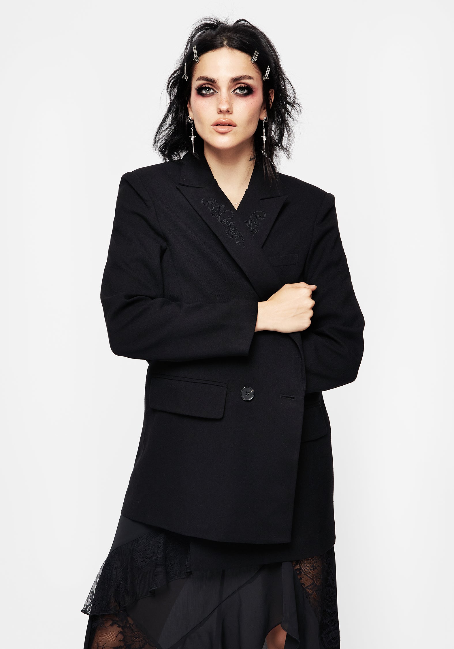 Black Embroidered Oversized Blazer for Women | Poe Tailored Jacket