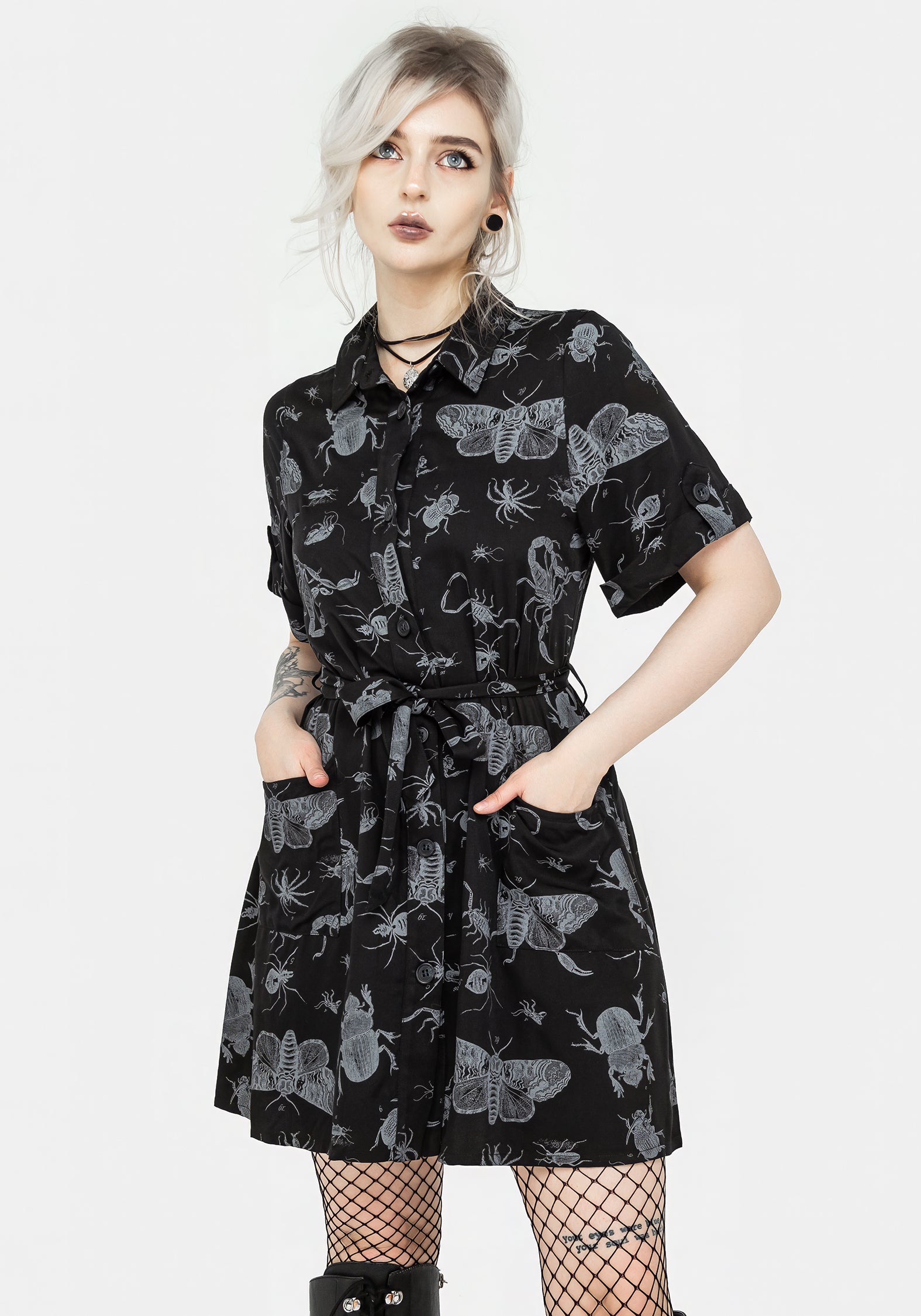 Black Bugs Print Mini Shirt Dress with Collar & Pockets | Parasite