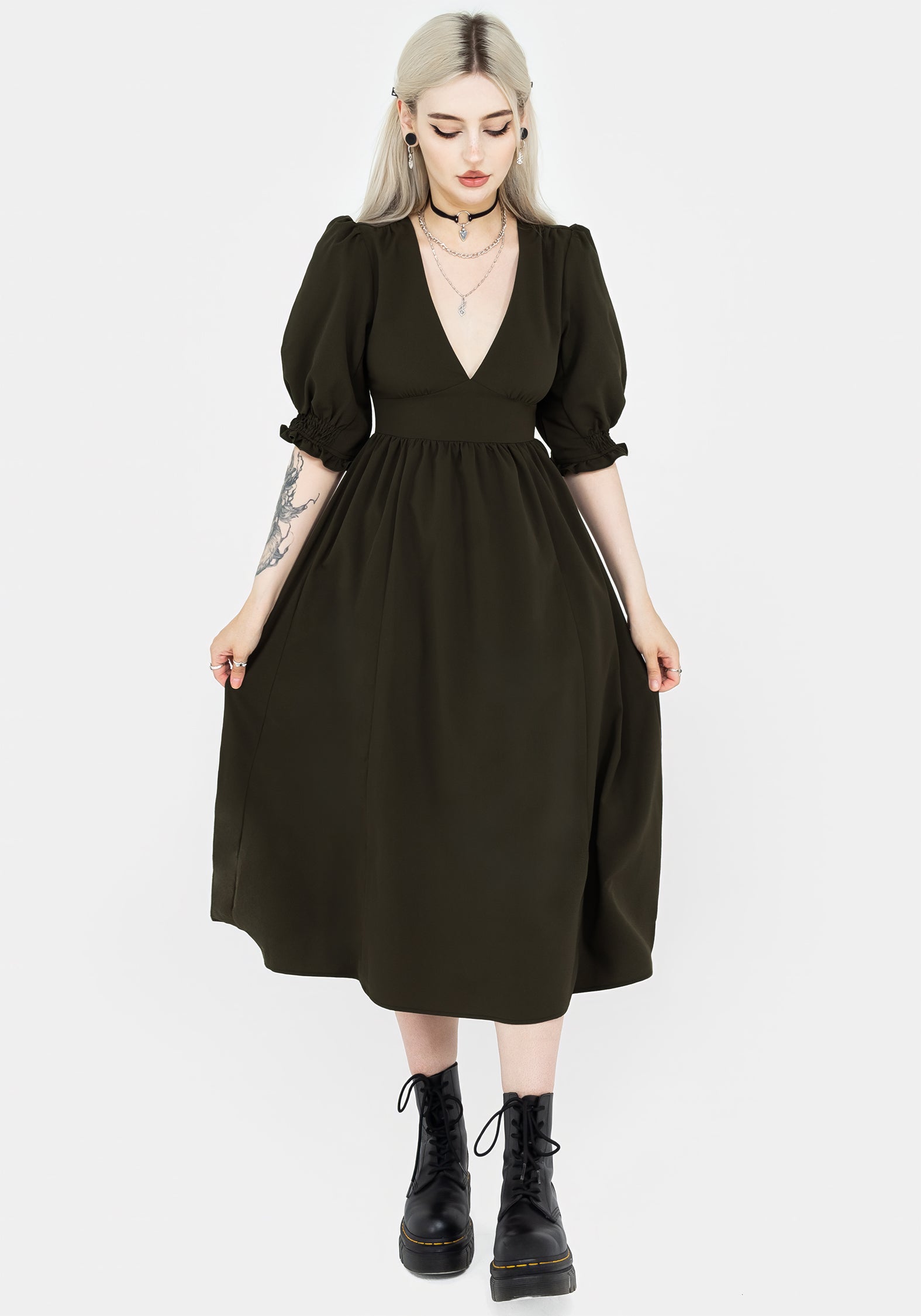 Green Textured Midi Dress with Cut-Out Back | Divination