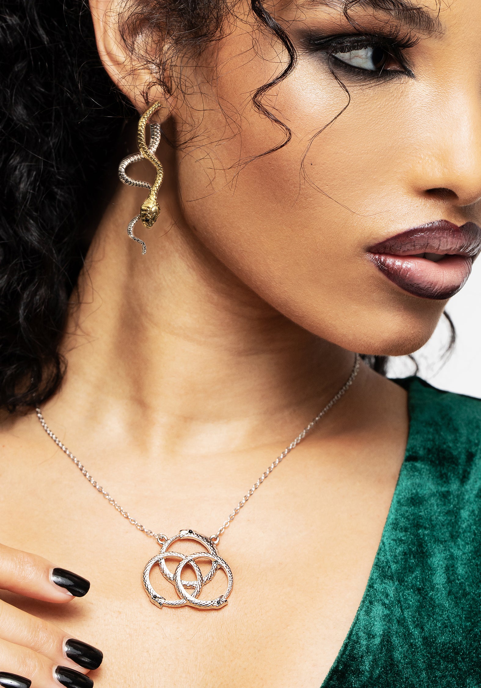 Silver Snake Necklace with Black Gem Eyes & Ouroboros Design | Damballa