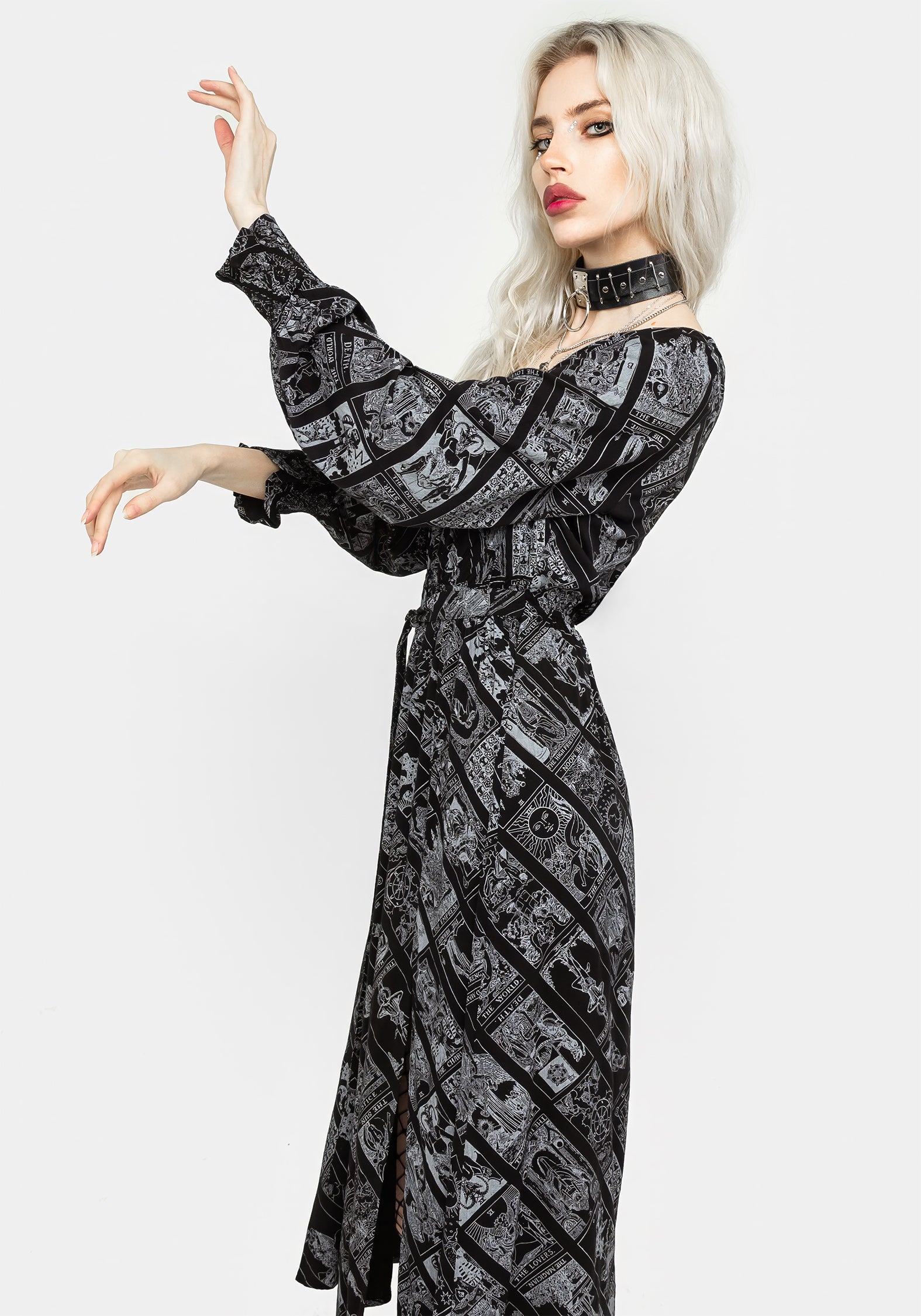 Tarot Print Midi Dress with Tie Waist & Ruched Sleeves | Cartomancy