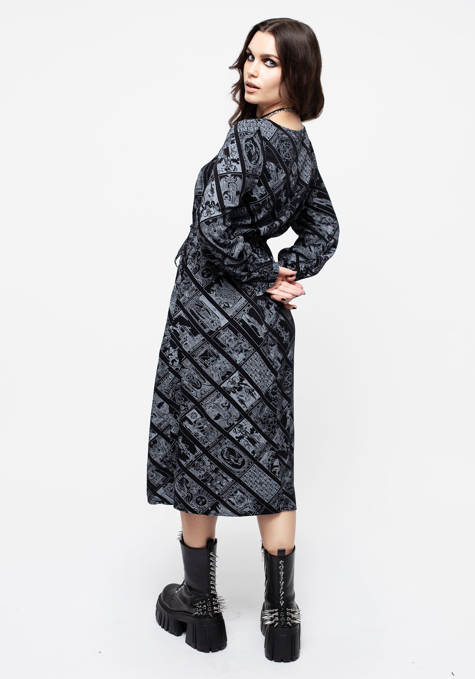Tarot Print Midi Dress with Tie Waist & Ruched Sleeves | Cartomancy