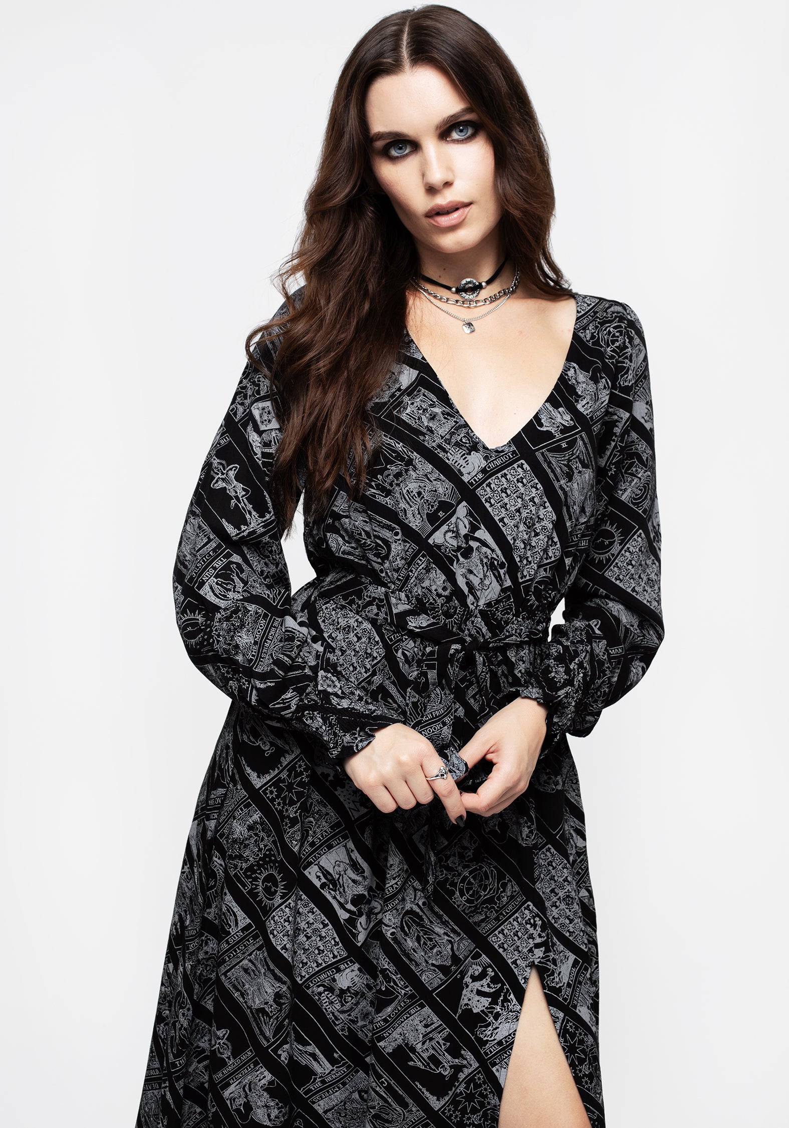 Tarot Print Midi Dress with Tie Waist & Ruched Sleeves | Cartomancy