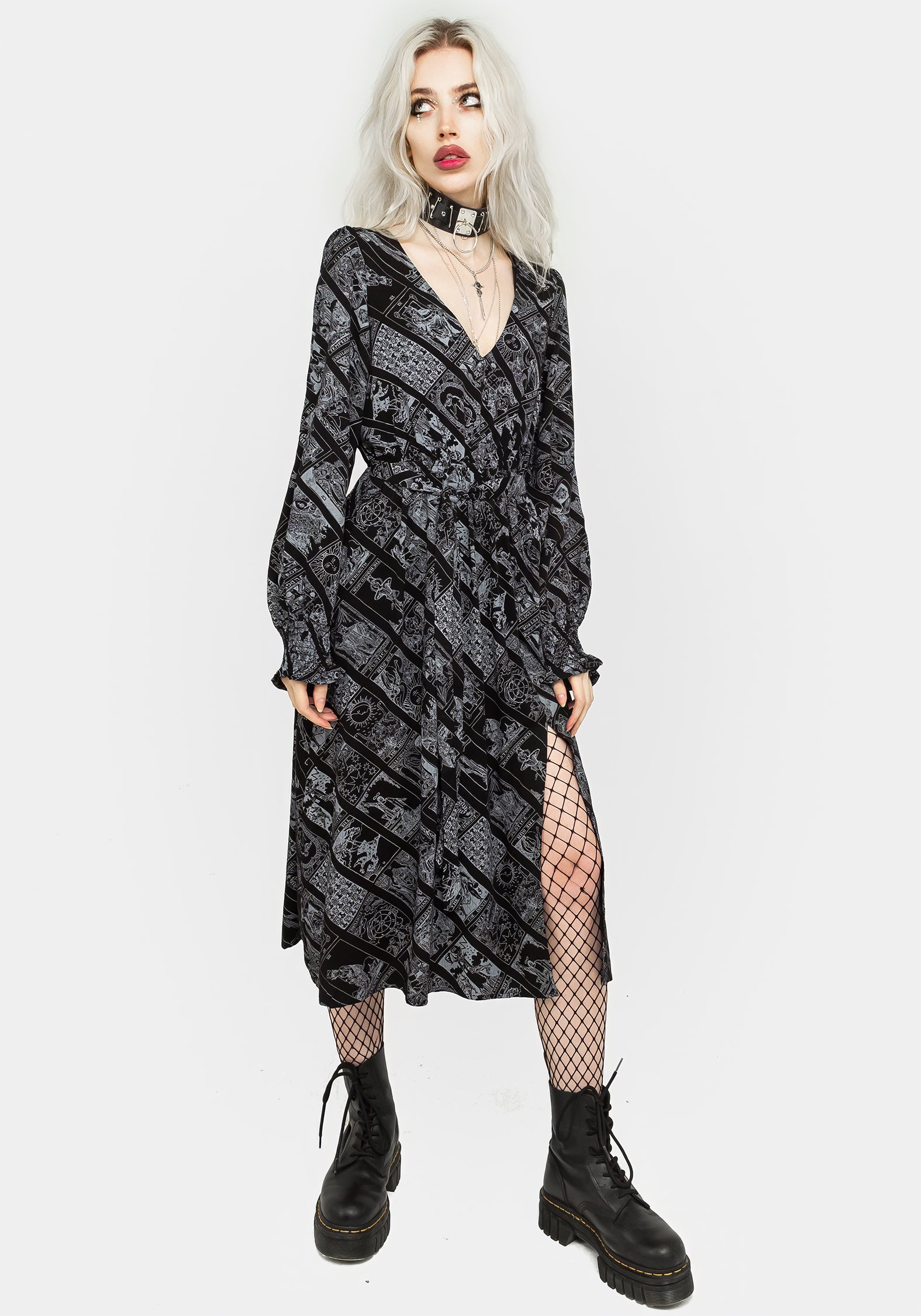 Tarot Print Midi Dress with Tie Waist & Ruched Sleeves | Cartomancy