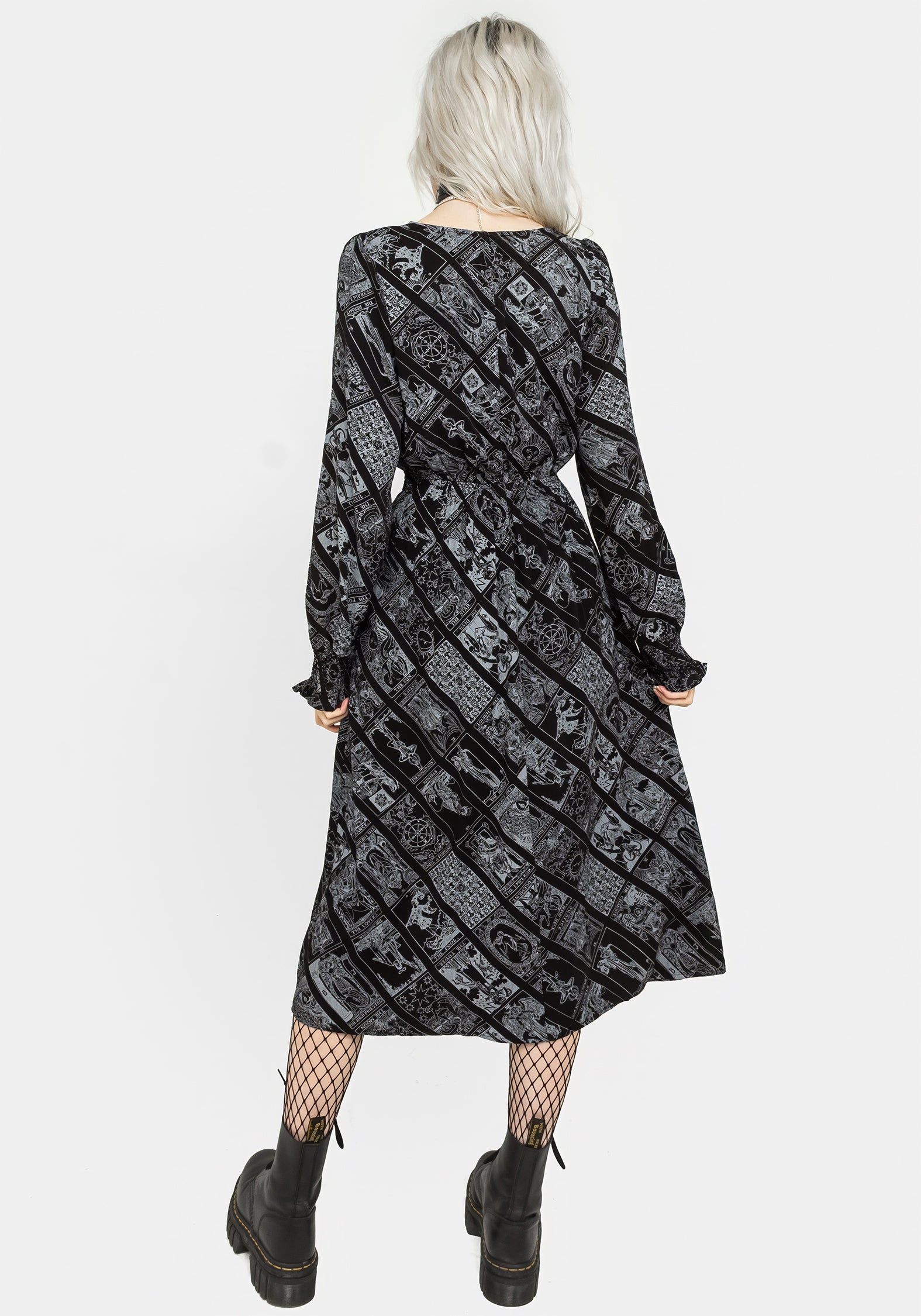 Tarot Print Midi Dress with Tie Waist & Ruched Sleeves | Cartomancy