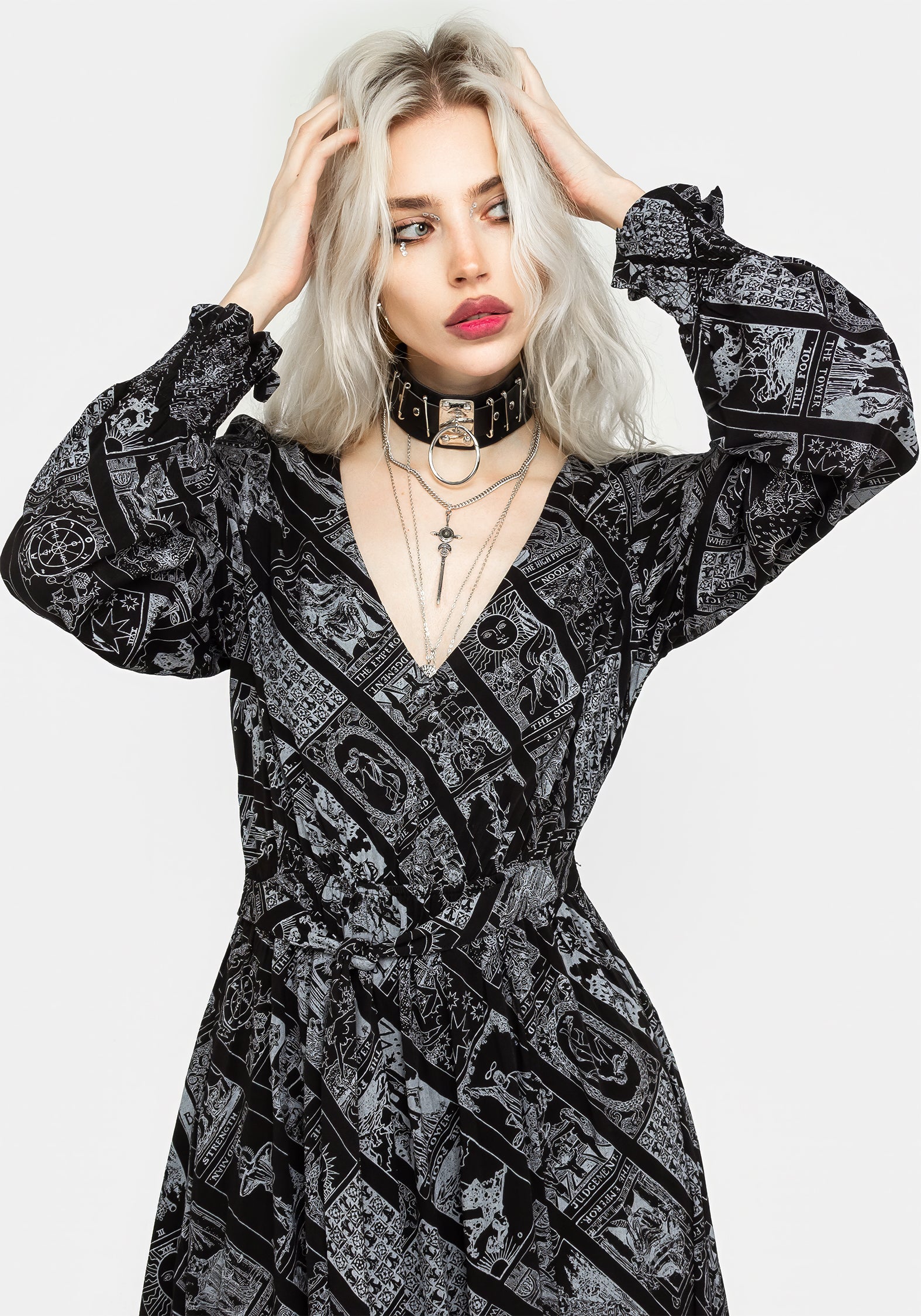 Tarot Print Midi Dress with Tie Waist & Ruched Sleeves | Cartomancy