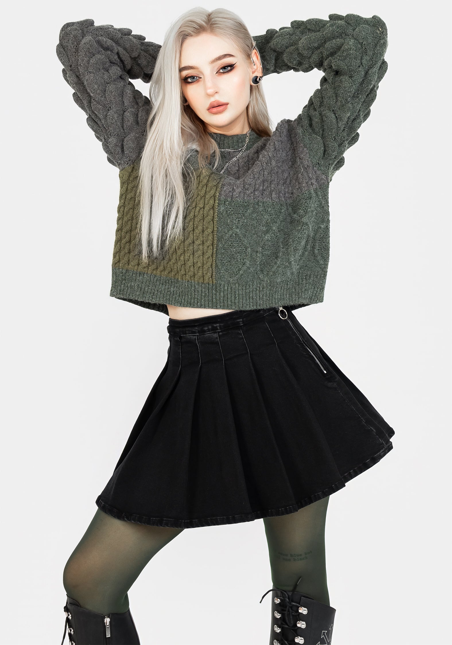 Black Pleated Denim Mini Skirt with High-Rise Waist | Charisma