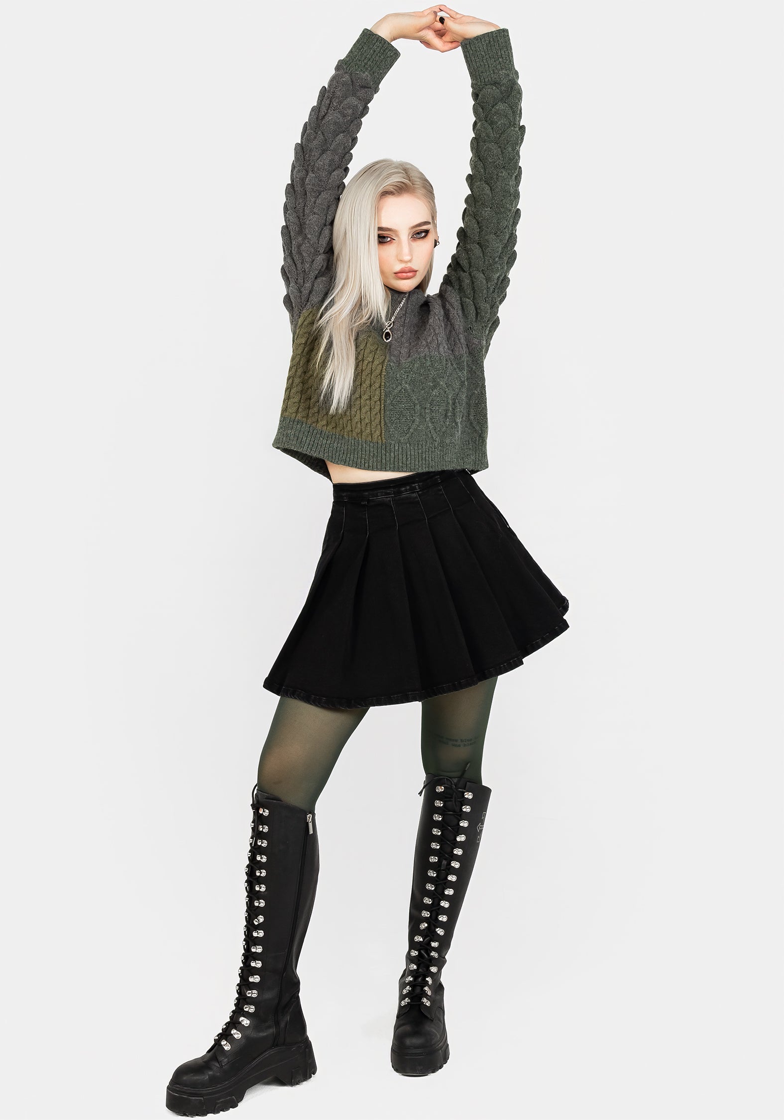Black Pleated Denim Mini Skirt with High-Rise Waist | Charisma