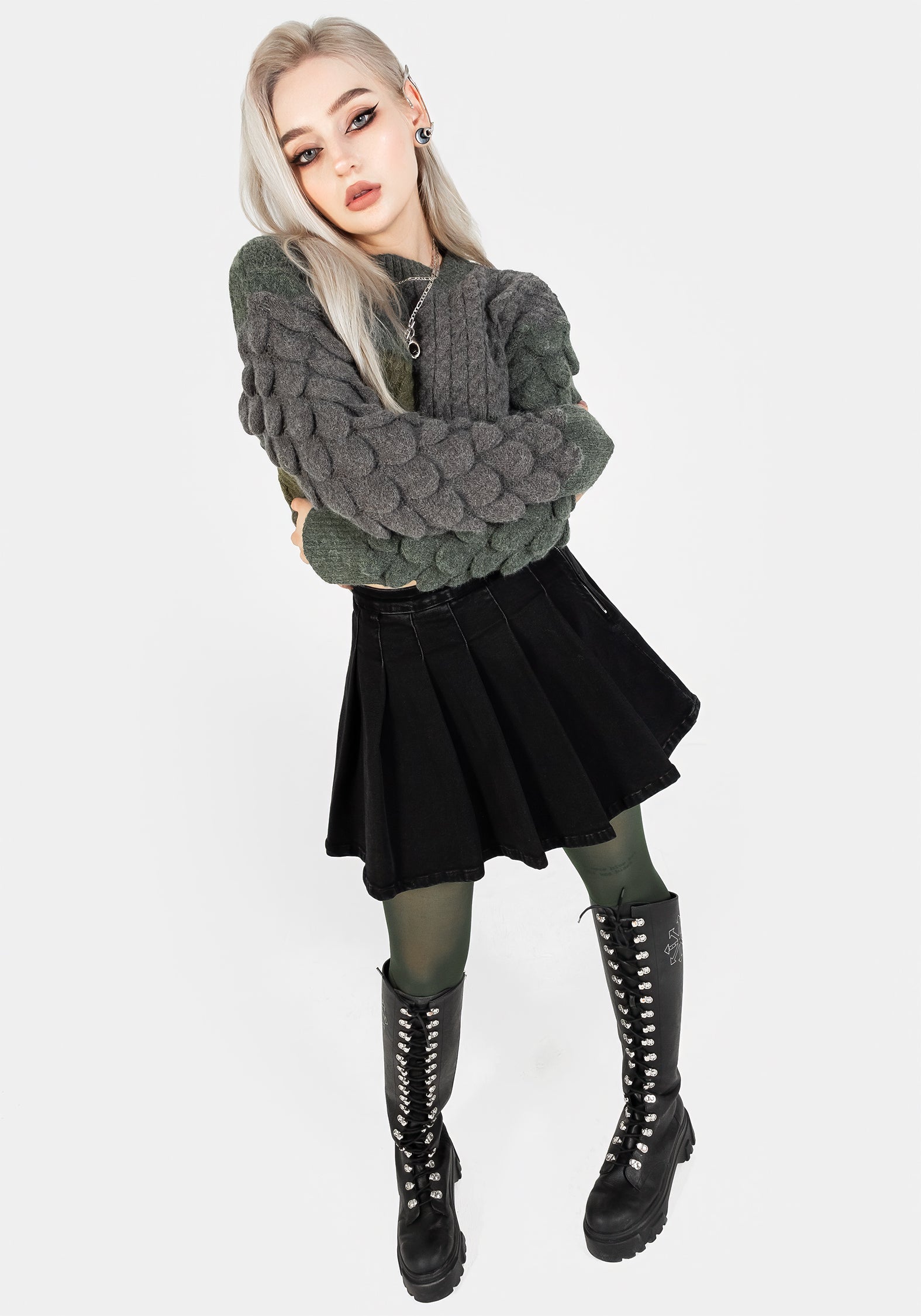 Black Pleated Denim Mini Skirt with High-Rise Waist | Charisma