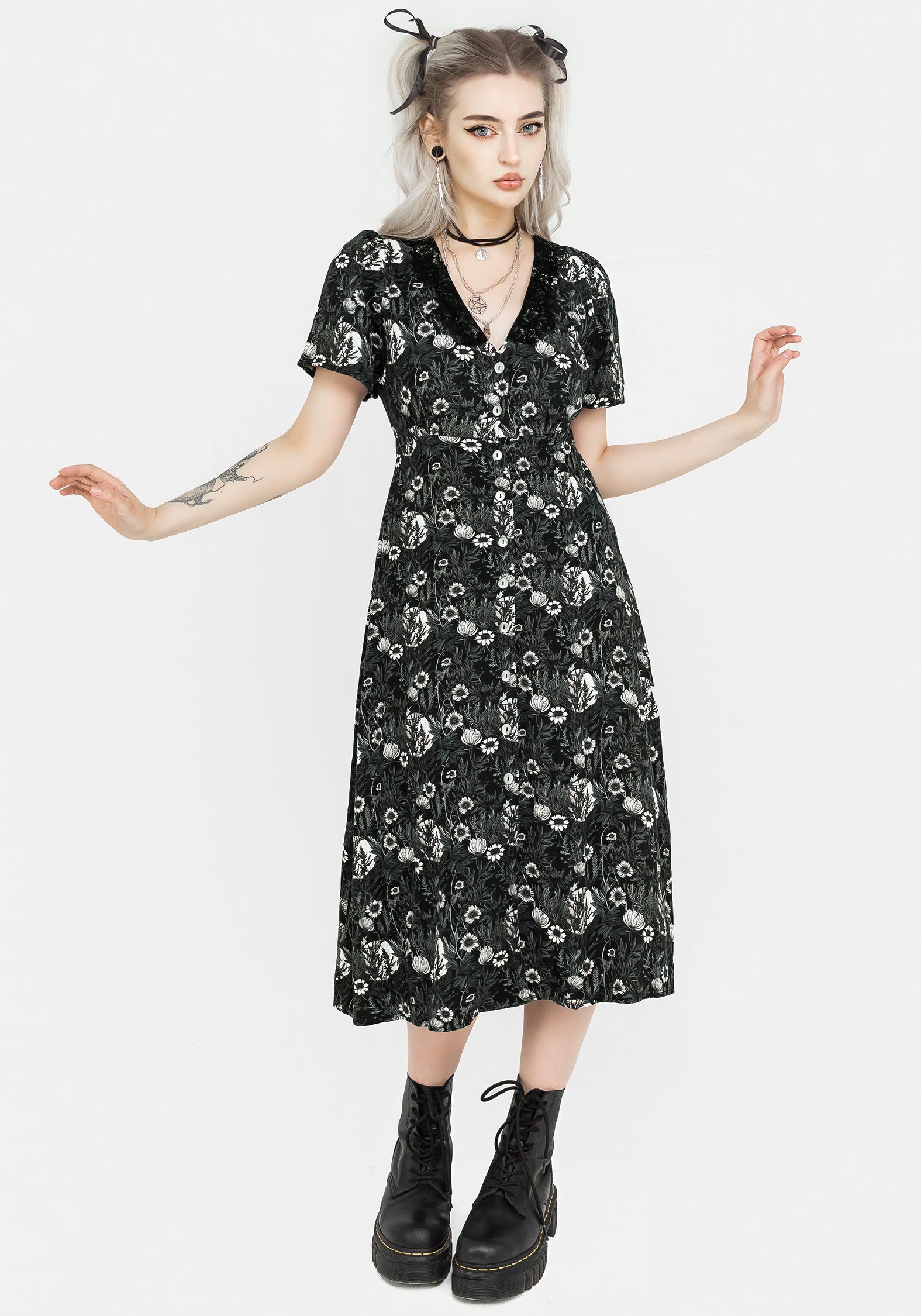 Floral Button-Up Midi Dress with Lace Trim & Waist Tie | Nightbloom