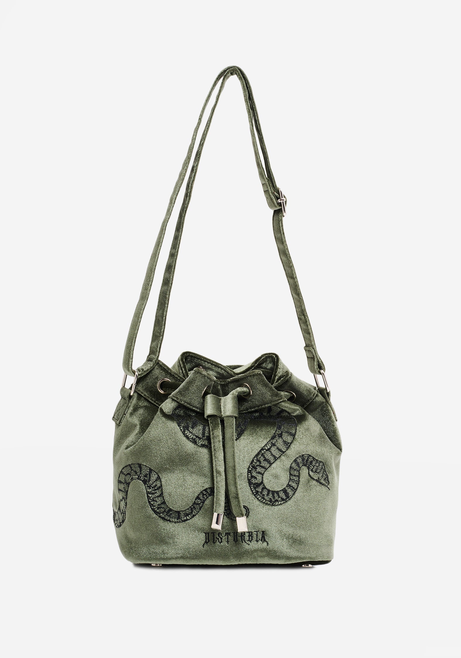 Green Velvet Bucket Bag with Snake Embroidery & Adjustable Strap | Ninia
