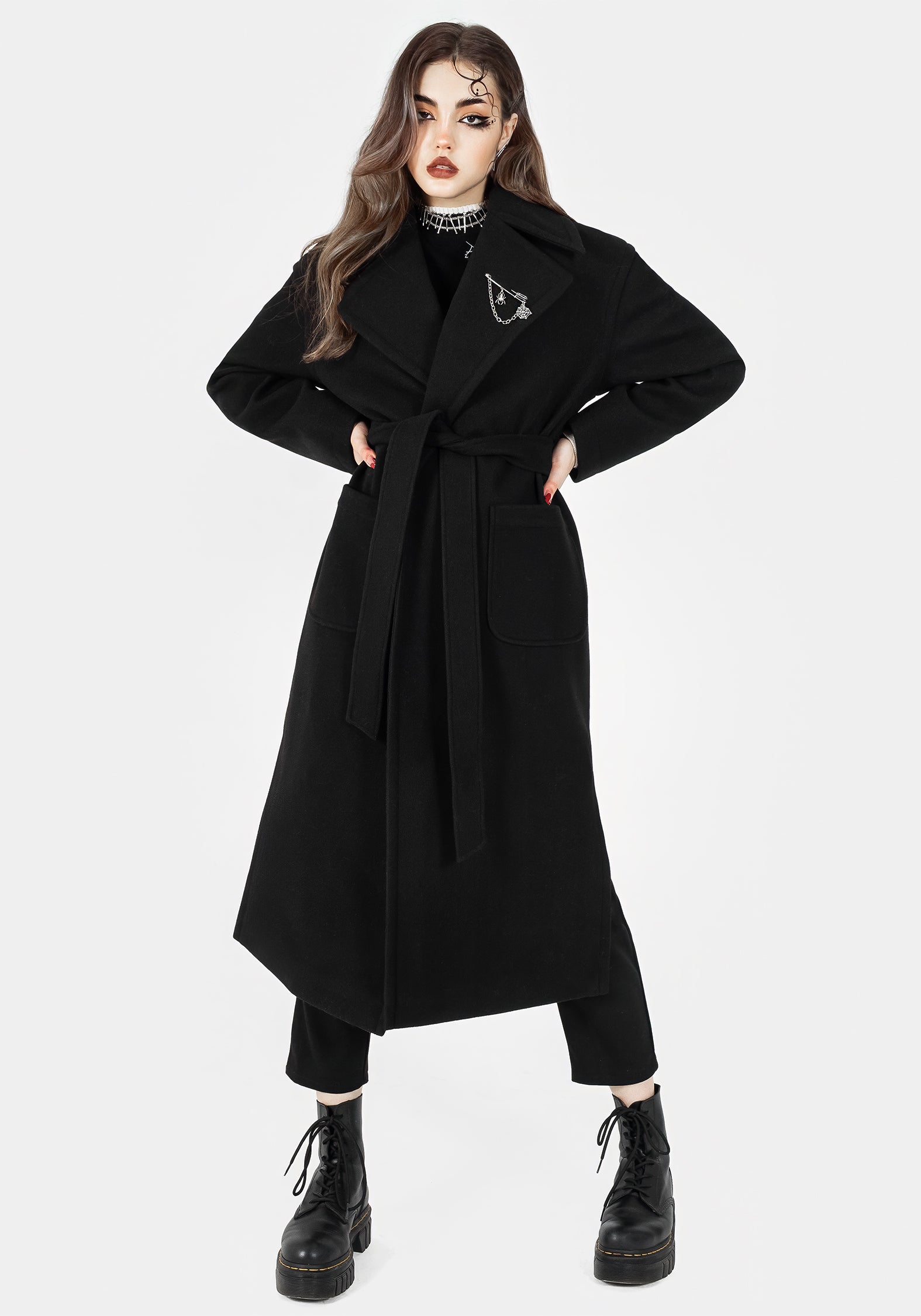 Oversized Black Wool Coat with Brooch & Belt | Meltdown Style