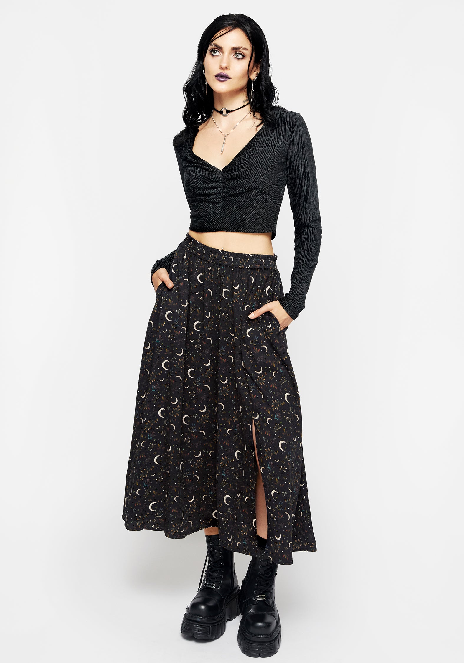 Floral Moon Print Midi Skirt with Side Split & Pockets | Sickle Moon