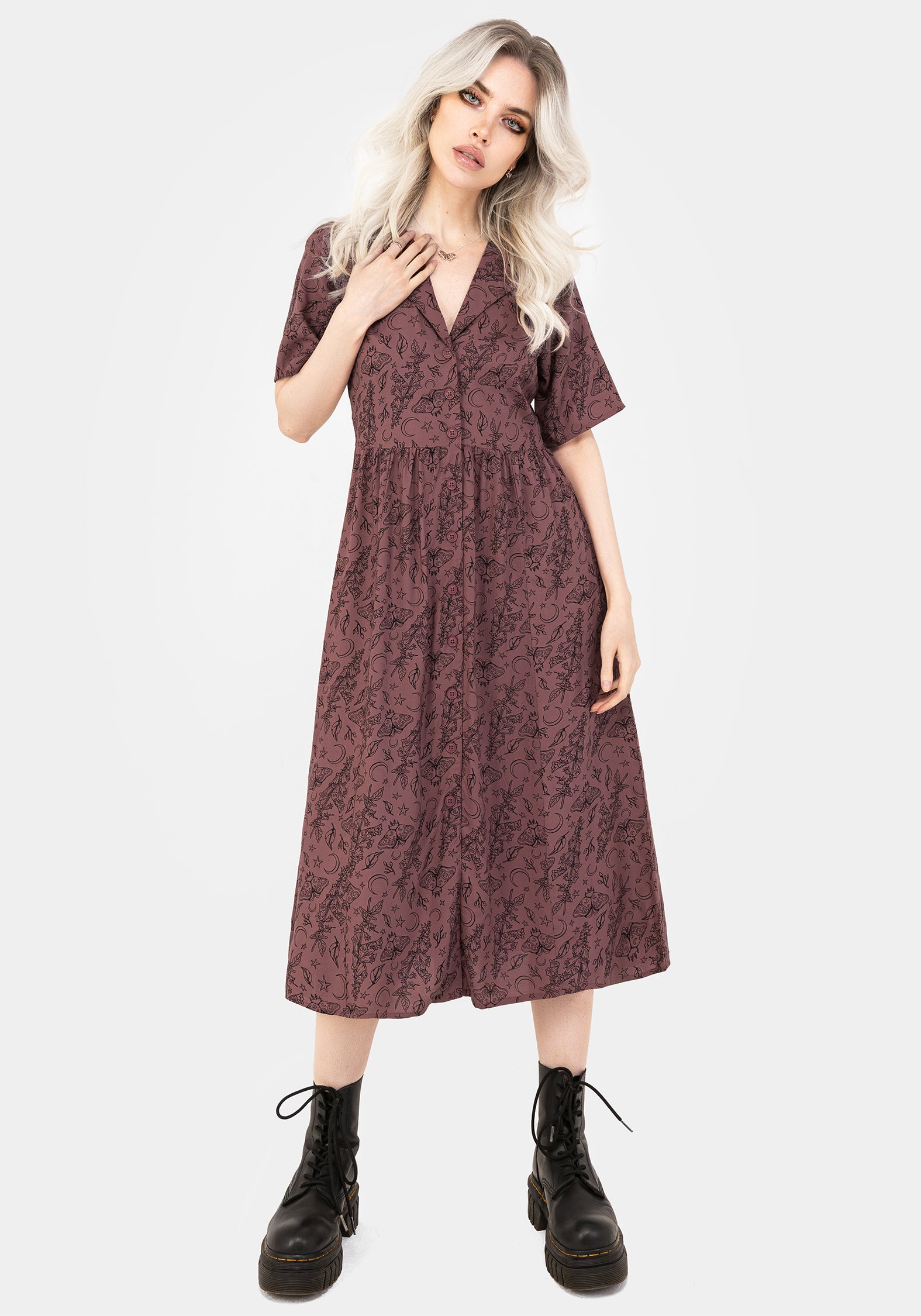 Purple Moth Print Midi Shirt Dress with Pockets | Roxana