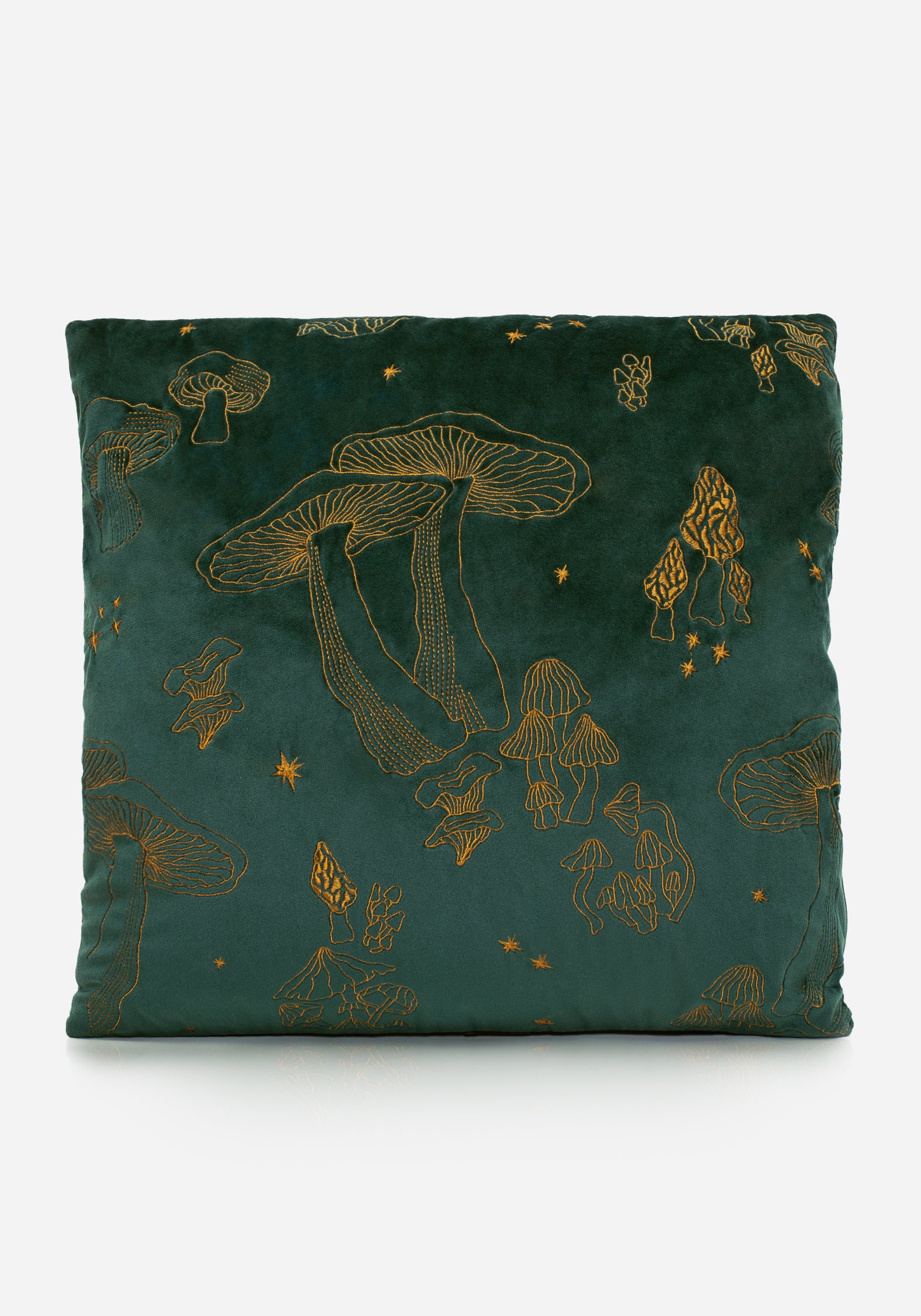 Green Velvet Celestial Mushroom Cushion with Gold Embroidery | Faefire