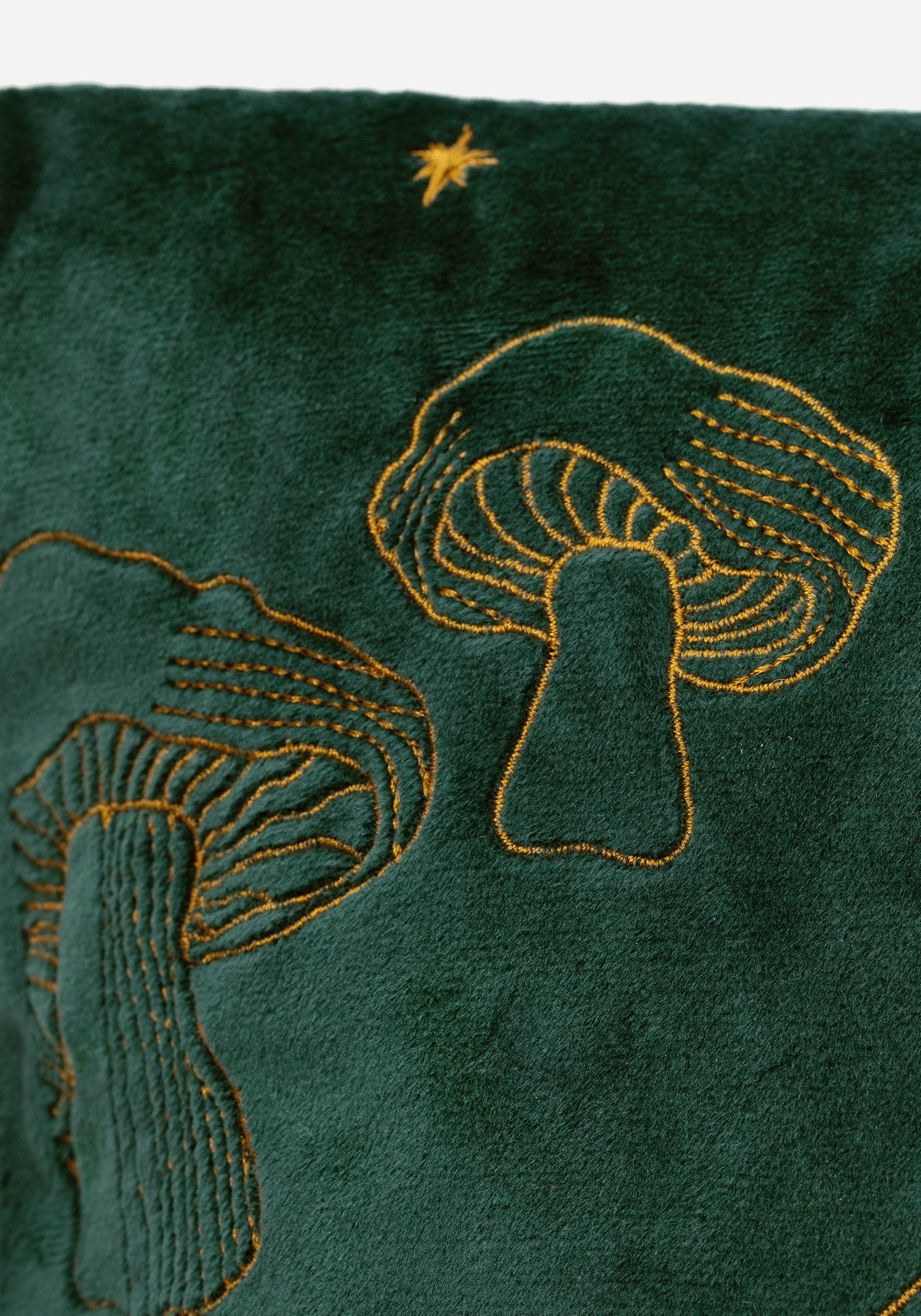 Green Velvet Celestial Mushroom Cushion with Gold Embroidery | Faefire