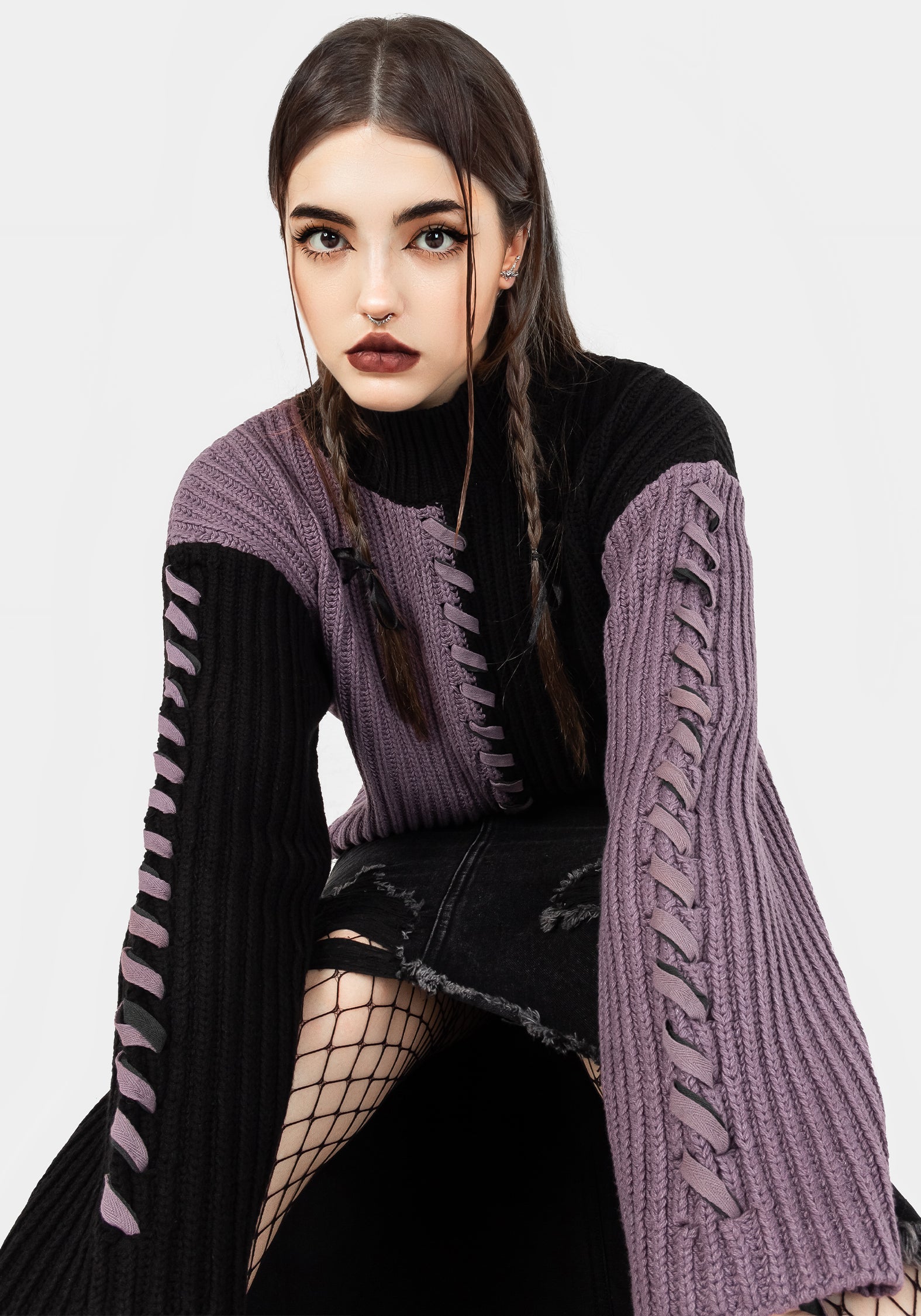 Black & Purple Spliced Knit Sweater | Relaxed Fit & Ribbed Neckline