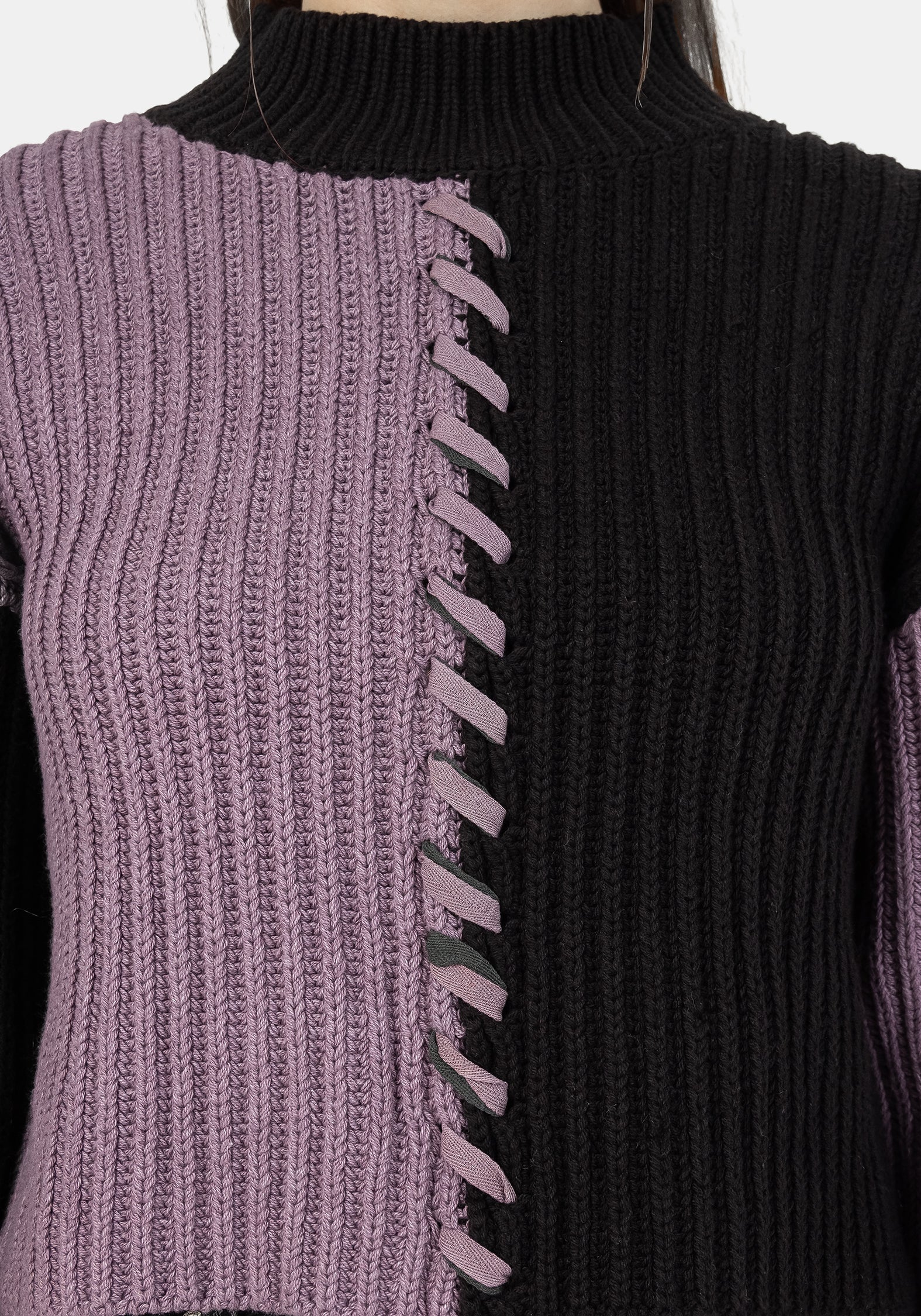 Black & Purple Spliced Knit Sweater | Relaxed Fit & Ribbed Neckline