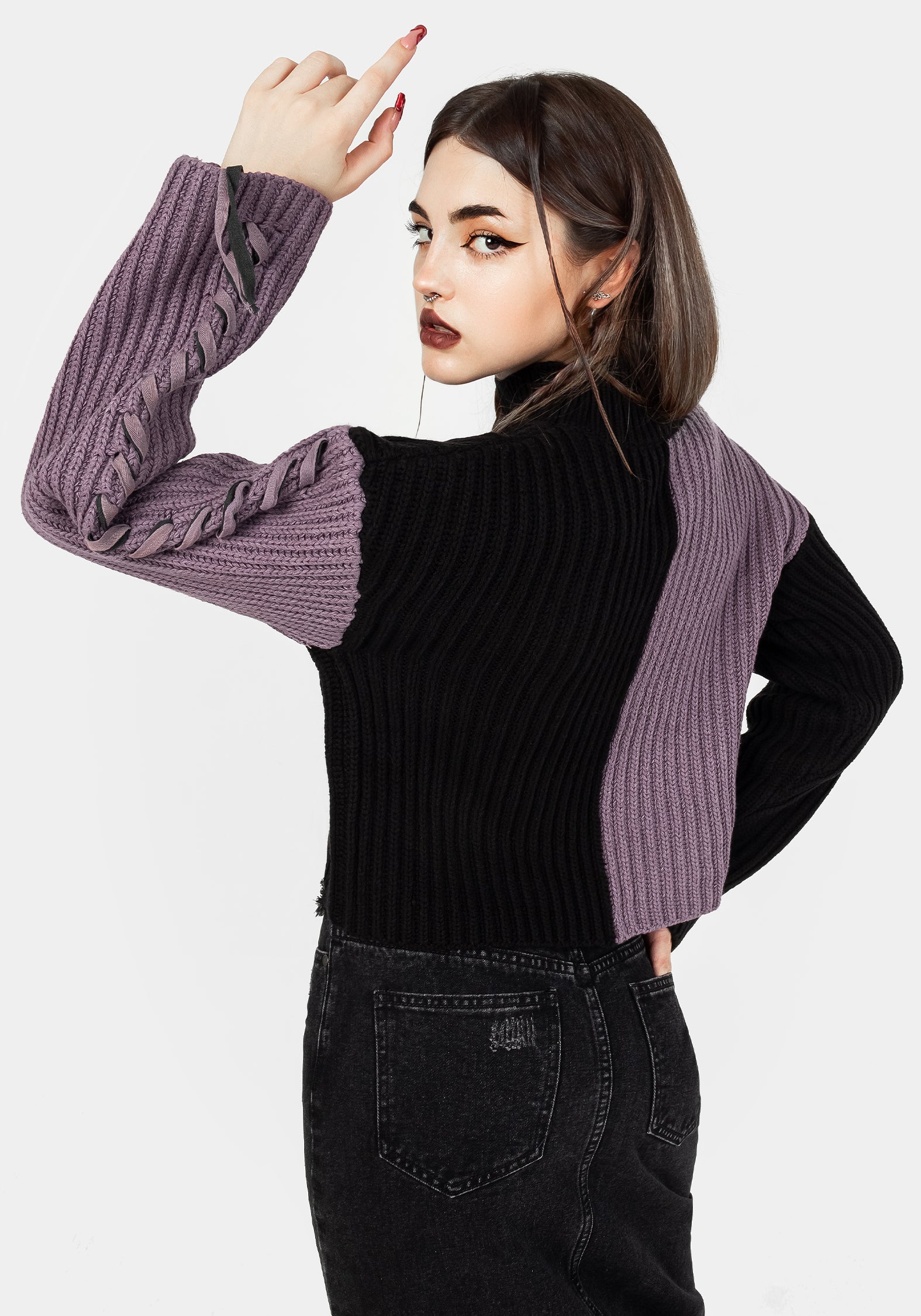 Black & Purple Spliced Knit Sweater | Relaxed Fit & Ribbed Neckline