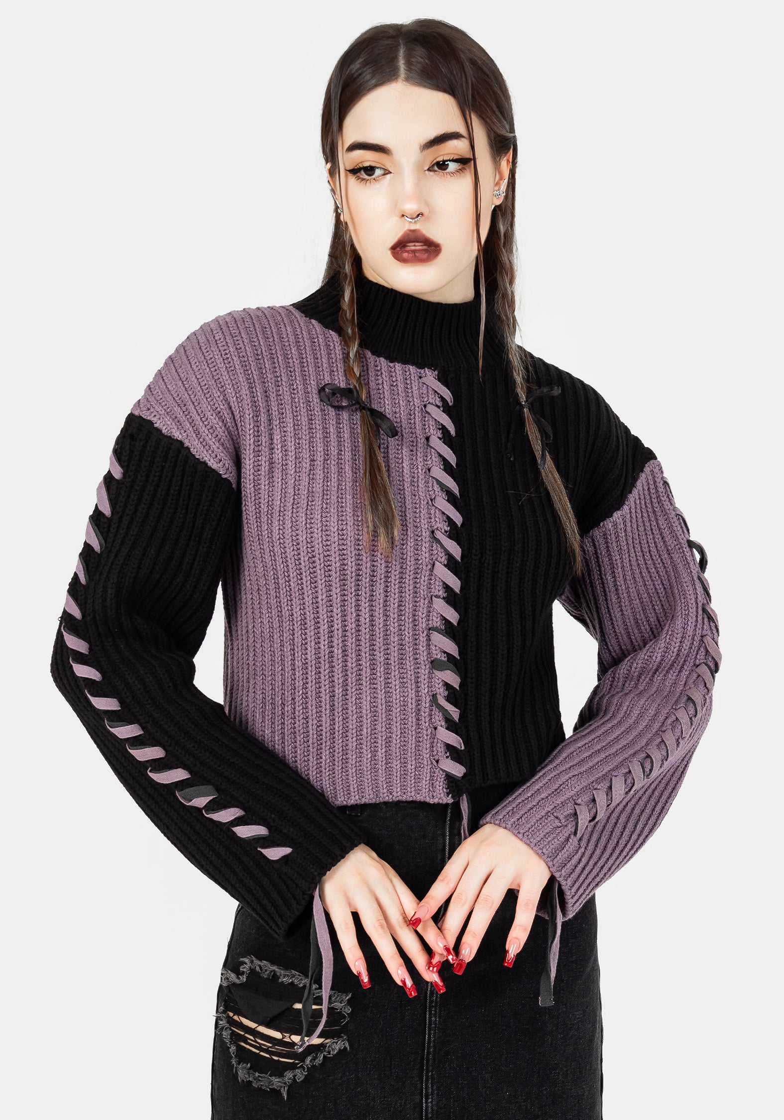Black & Purple Spliced Knit Sweater | Relaxed Fit & Ribbed Neckline