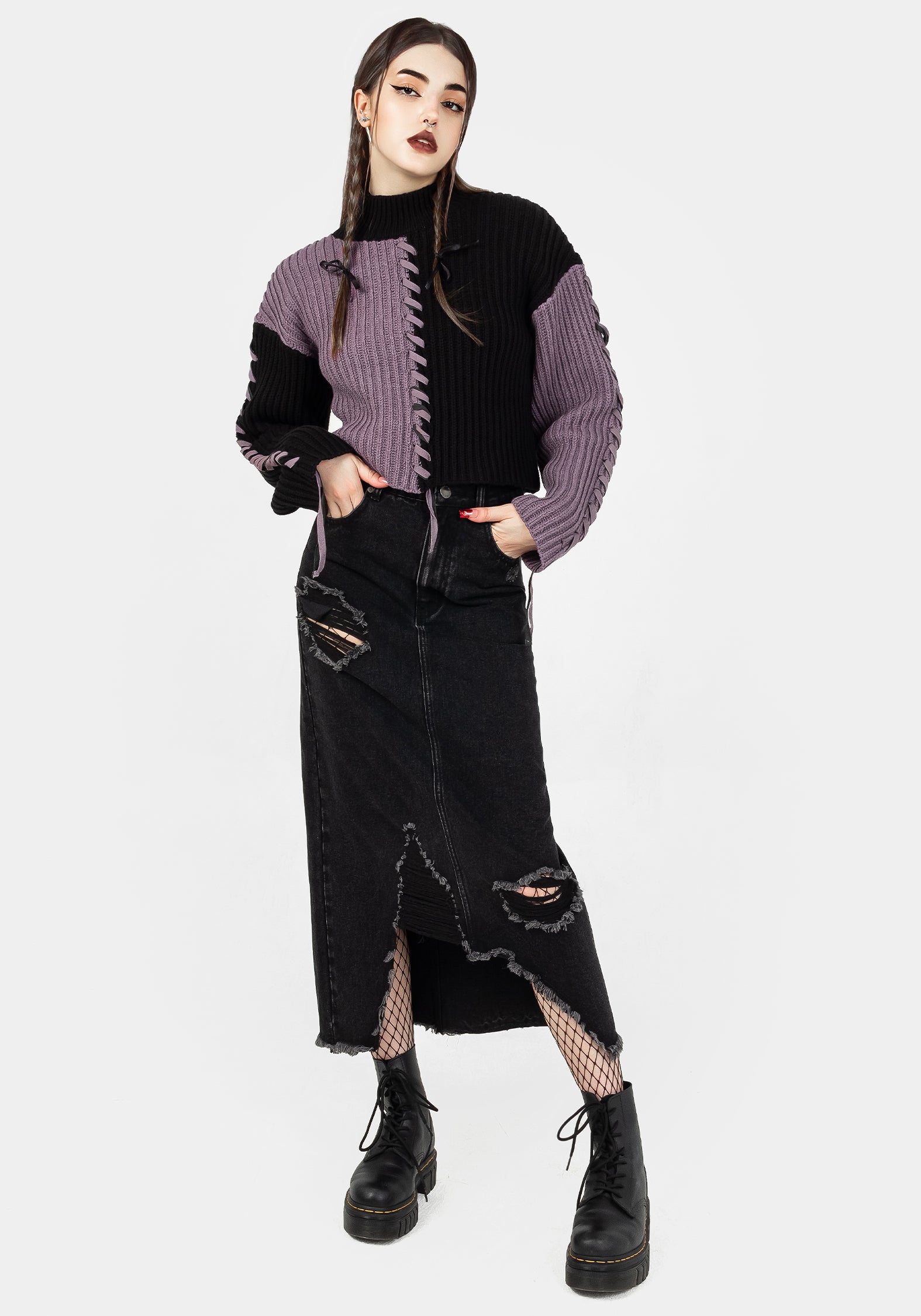 Black & Purple Spliced Knit Sweater | Relaxed Fit & Ribbed Neckline